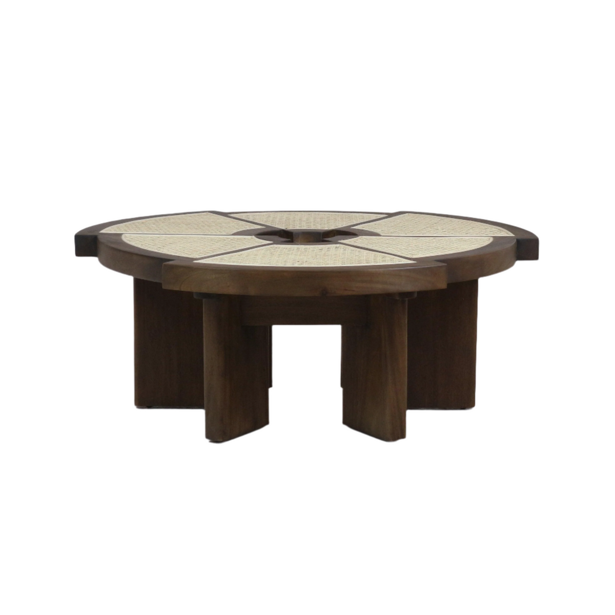 Low-profile round teak coffee table with woven cane inlay panels divided into six segments, warm brown teak finish and solid oak multi-leg base in mid-century modern style.