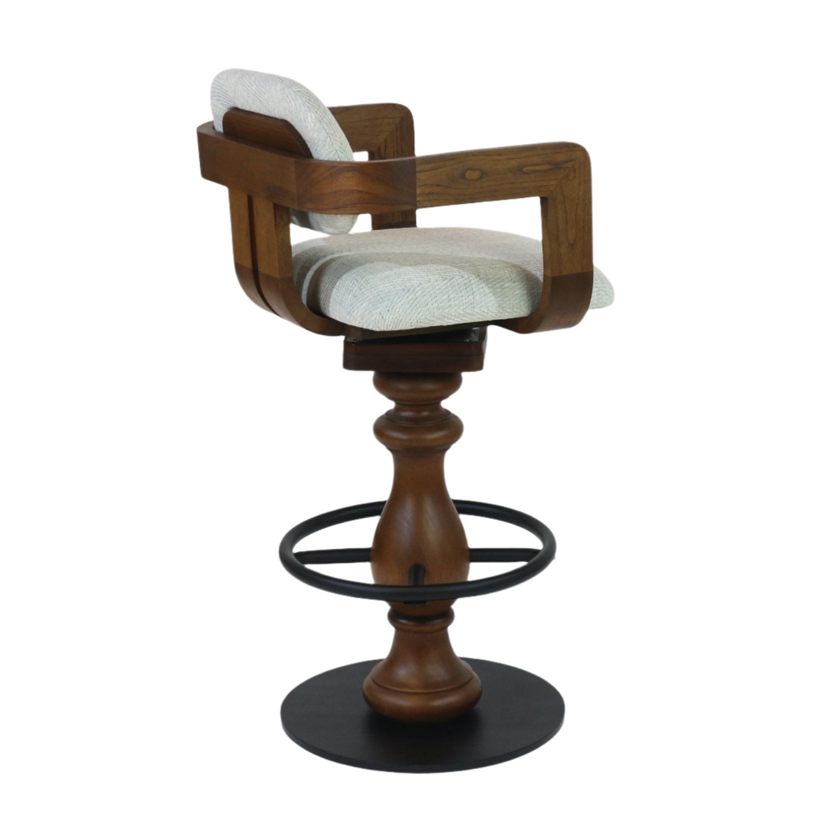 Contemporary swivel bar stool with light gray fabric upholstery on seat and back, curved natural wood arm frame and turned wood pedestal, plus a black metal circular footrest and round base.