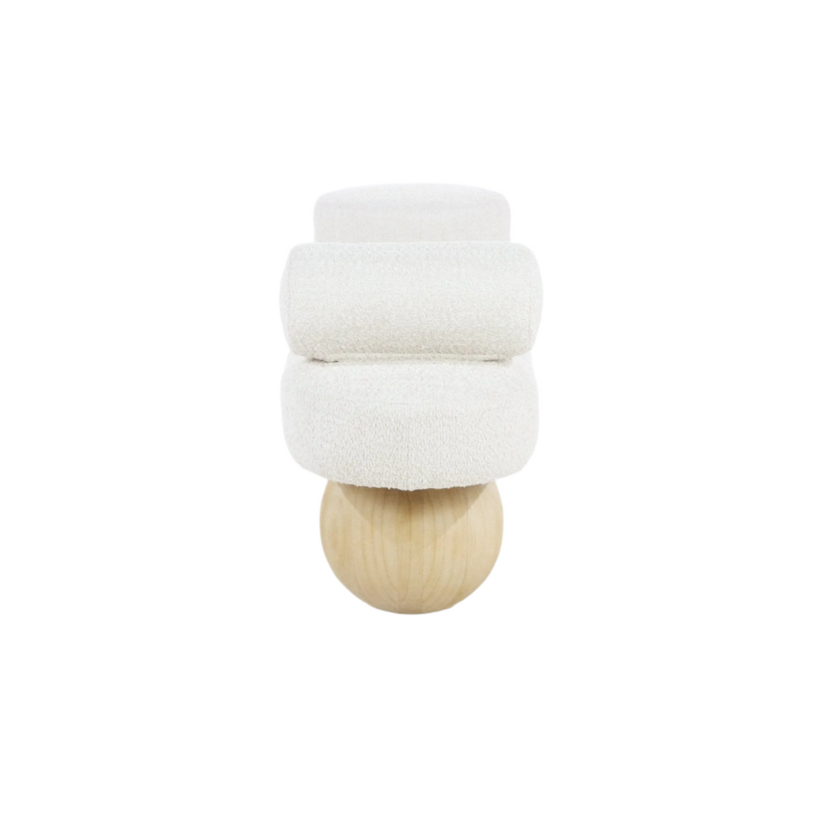 Front view of a modern backless end-of-bed bench upholstered in white boucle fabric, featuring stacked rounded cushions and a single natural wood spherical base.