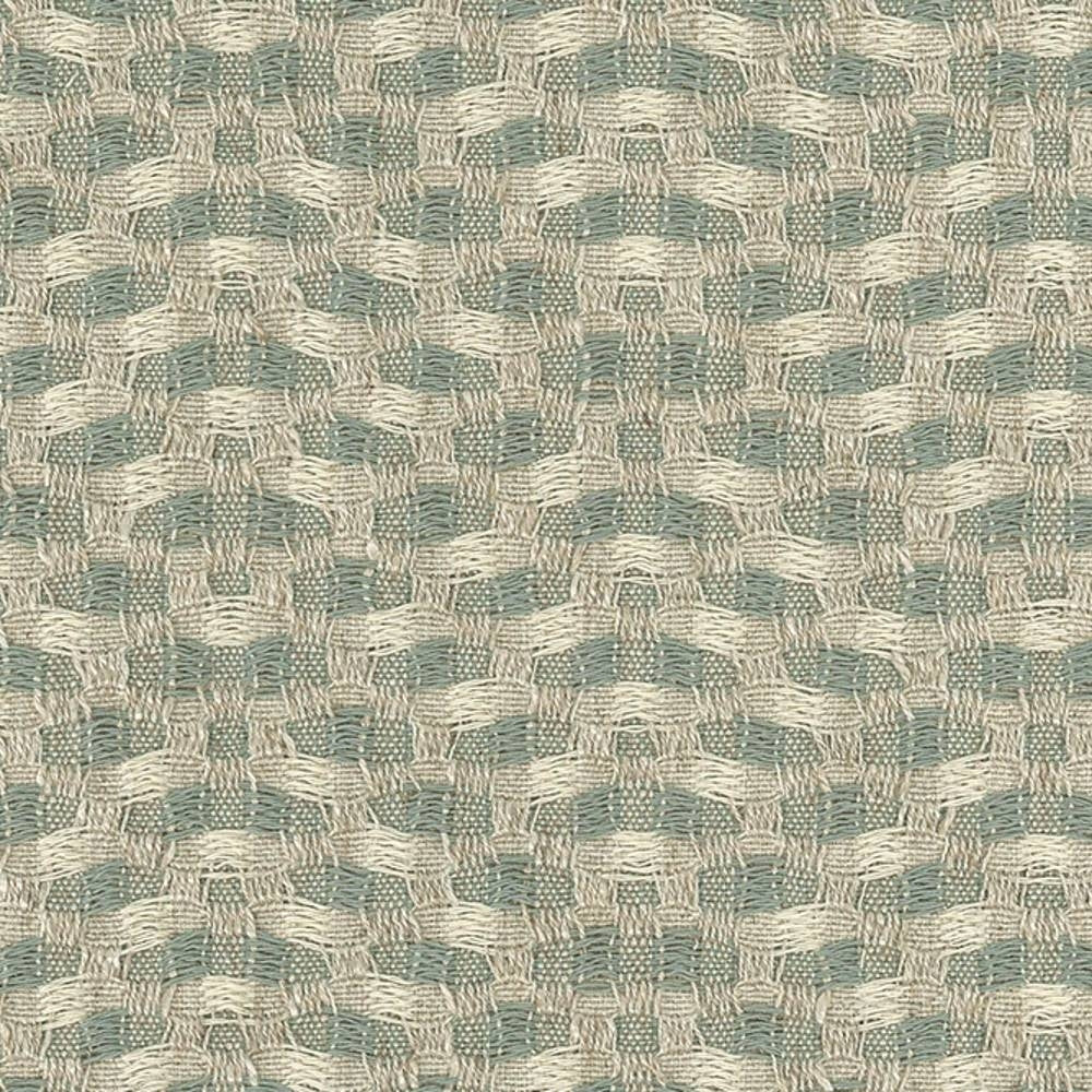 Close-up of textured woven linen-blend upholstery fabric in soft gray-beige and muted seafoam, showing a raised basketweave pattern with visible yarns for a durable, contract-grade look.