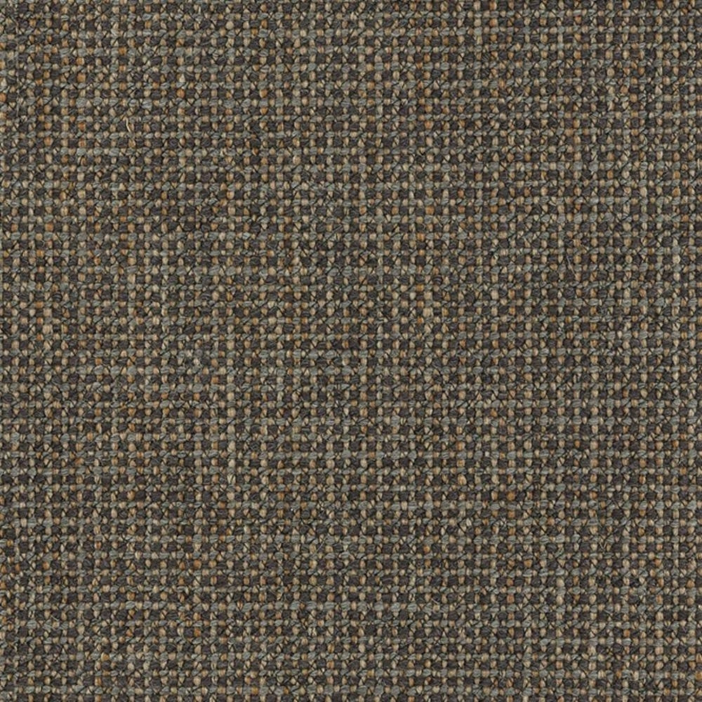 Close-up of neutral brown boucle upholstery fabric with tight woven texture and beige and cream flecks; 10% wool, 5% linen, 40% acrylic and 45% polyester blend for modern sofas.