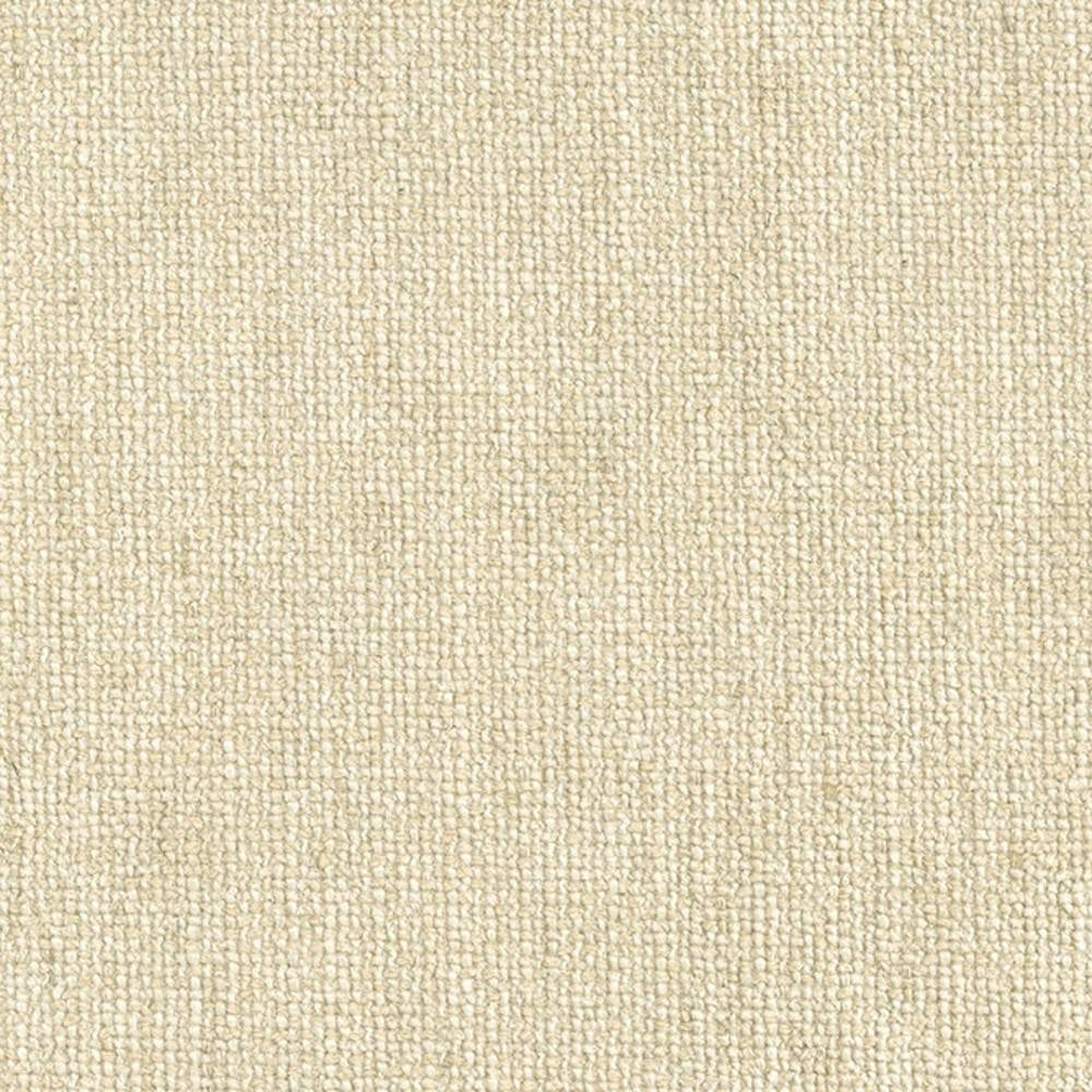 Close-up of a neutral beige/cream woven upholstery fabric swatch with a tight looped texture, shown for contemporary sofas; fabric blend includes cotton, rayon, acrylic, linen and triacetate.