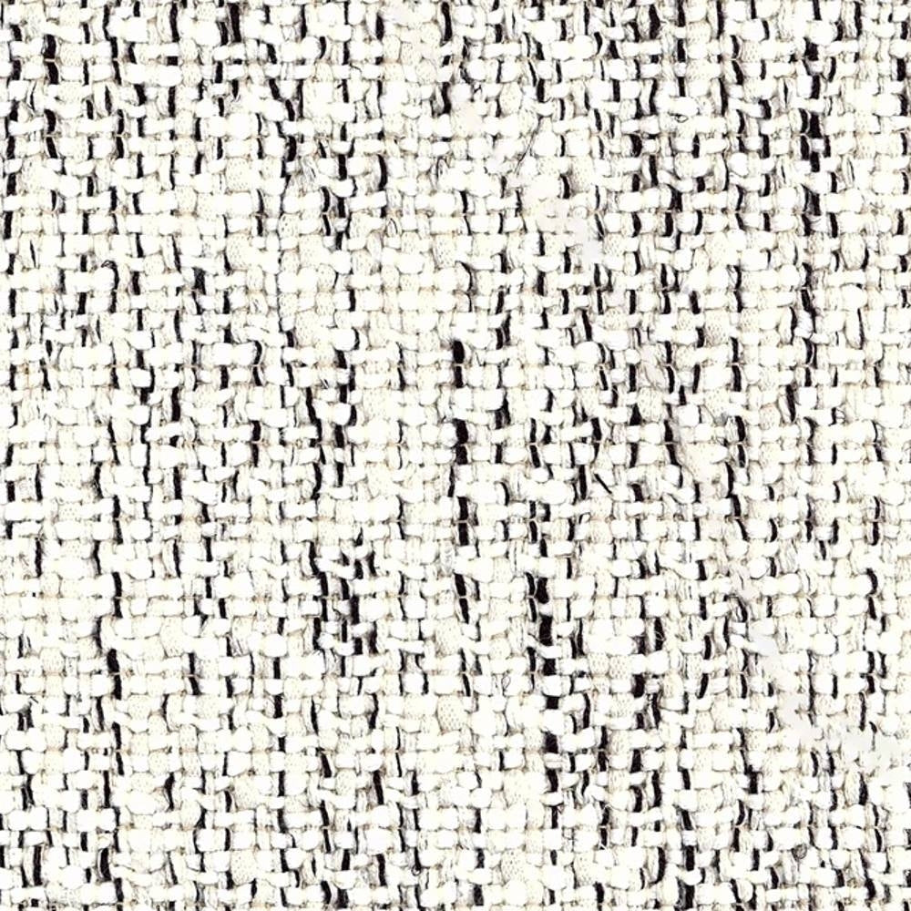 Close-up of cream-beige woven upholstery fabric showing a chunky looped texture with subtle dark slubs; 14.8% linen, 34.5% rayon, 28.6% cotton and 22.1% polyester blend for sofa use.