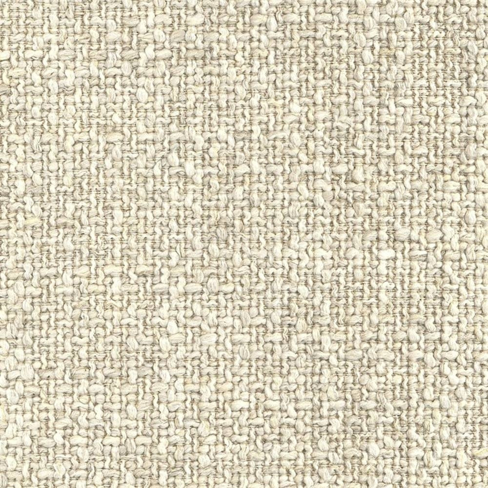 Close-up of cream heavy-duty woven upholstery fabric with textured basketweave, made of 12% linen, 14% rayon, 20% acrylic and 54% polyester, intended for sofa upholstery.