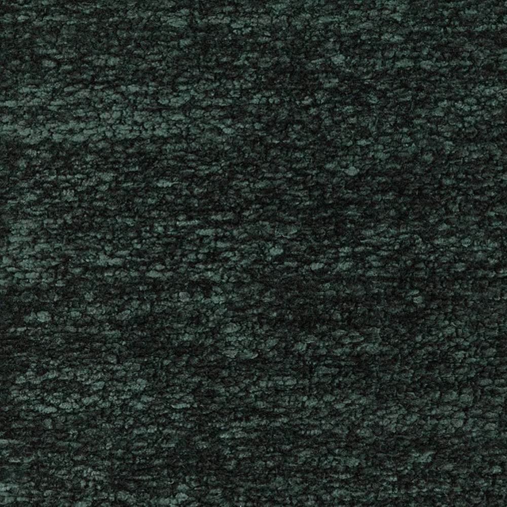 Close-up of dark green boucle upholstery fabric swatch in a 6% linen, 7% rayon, 87% polyester heavy-duty blend showing nubby, textured surface for indoor sofa upholstery.