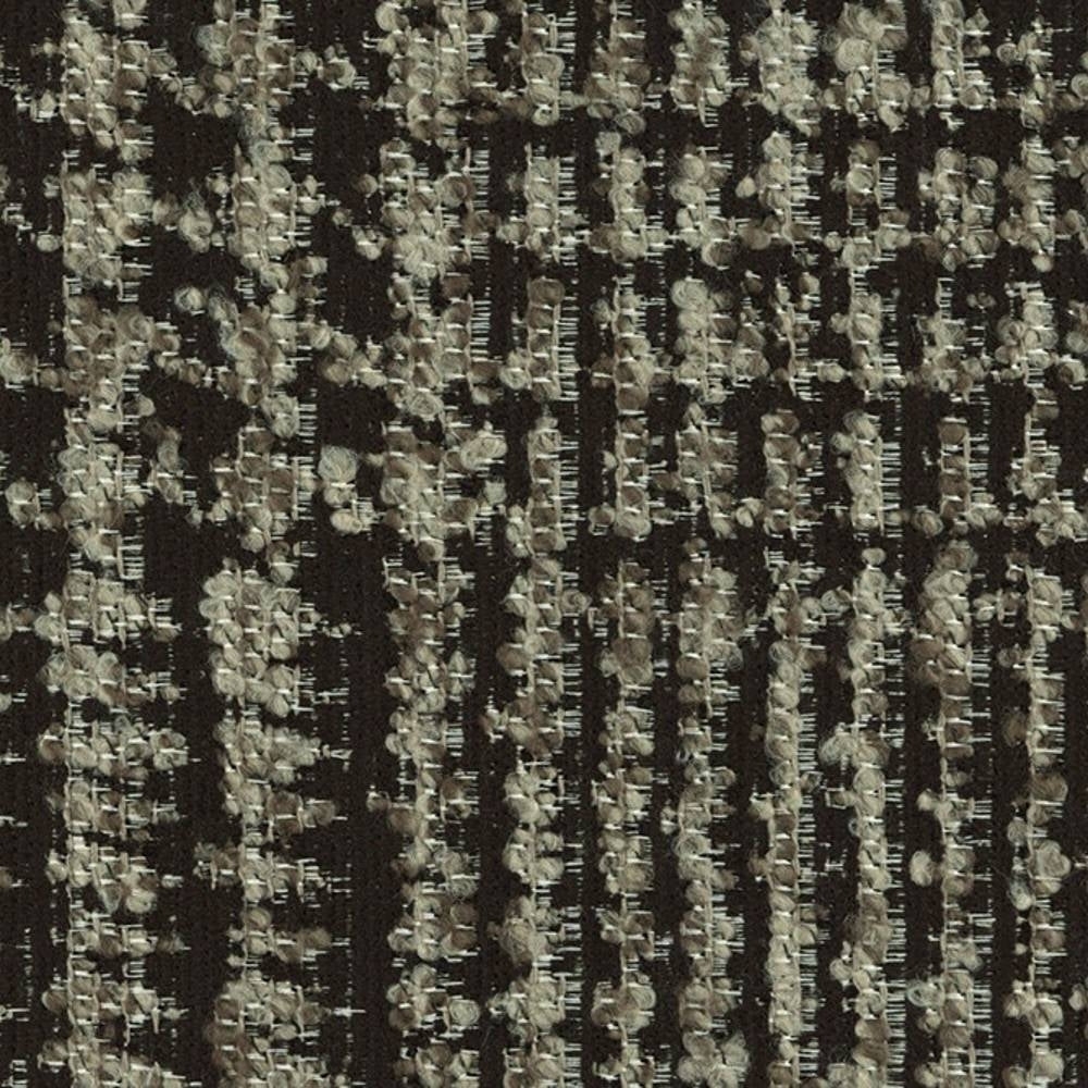 Close-up of a beige and gray textured upholstery fabric swatch showing looped yarns and irregular vertical stripes on a dark ground; 29% viscose, 11% acrylic, 60% polyester, ideal for contemporary sofas.