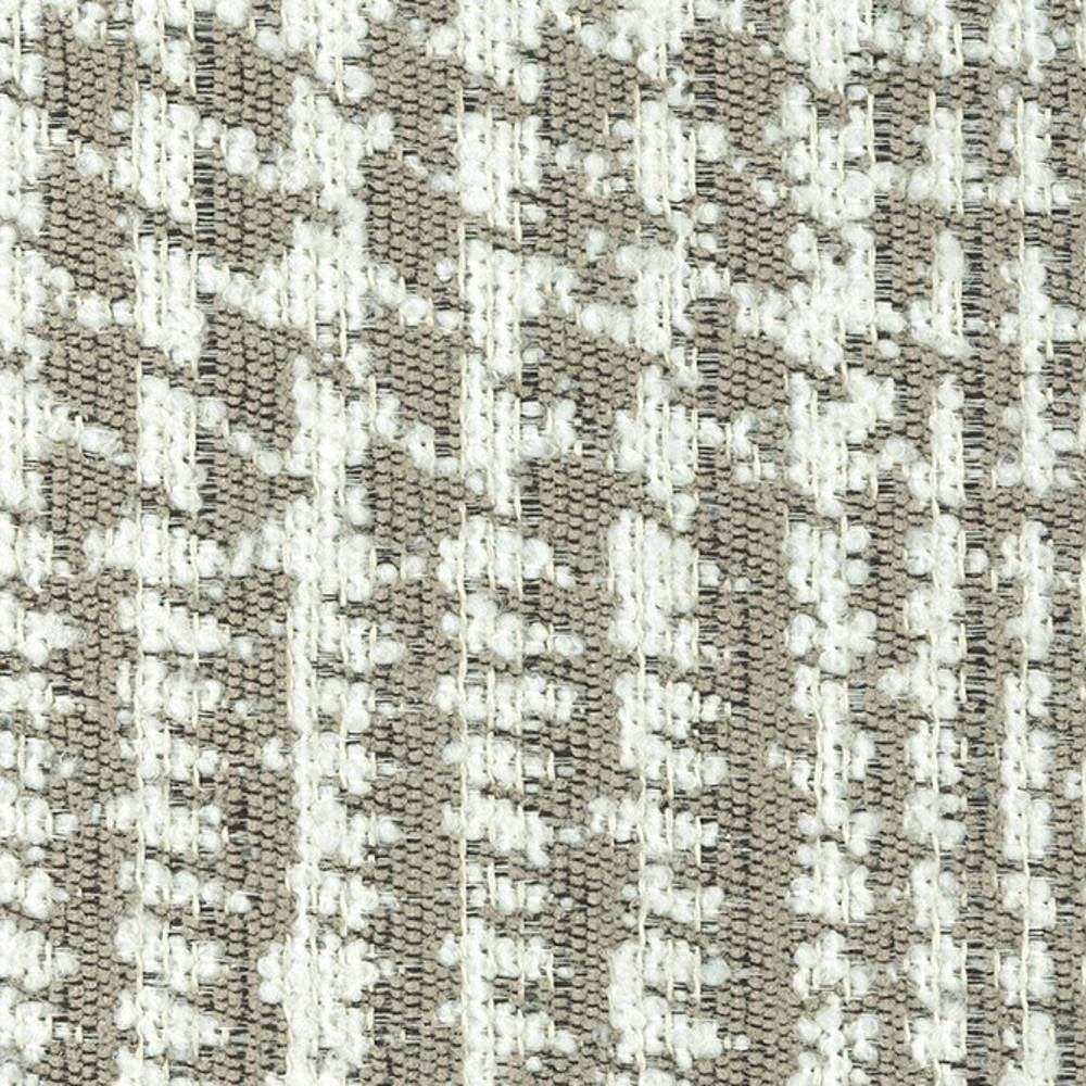 Close-up of beige and gray contemporary upholstery fabric showing a woven taupe background with white boucle-like textured flecks forming a subtle vertical stripe pattern; 29% viscose, 11% acrylic, 60% polyester.