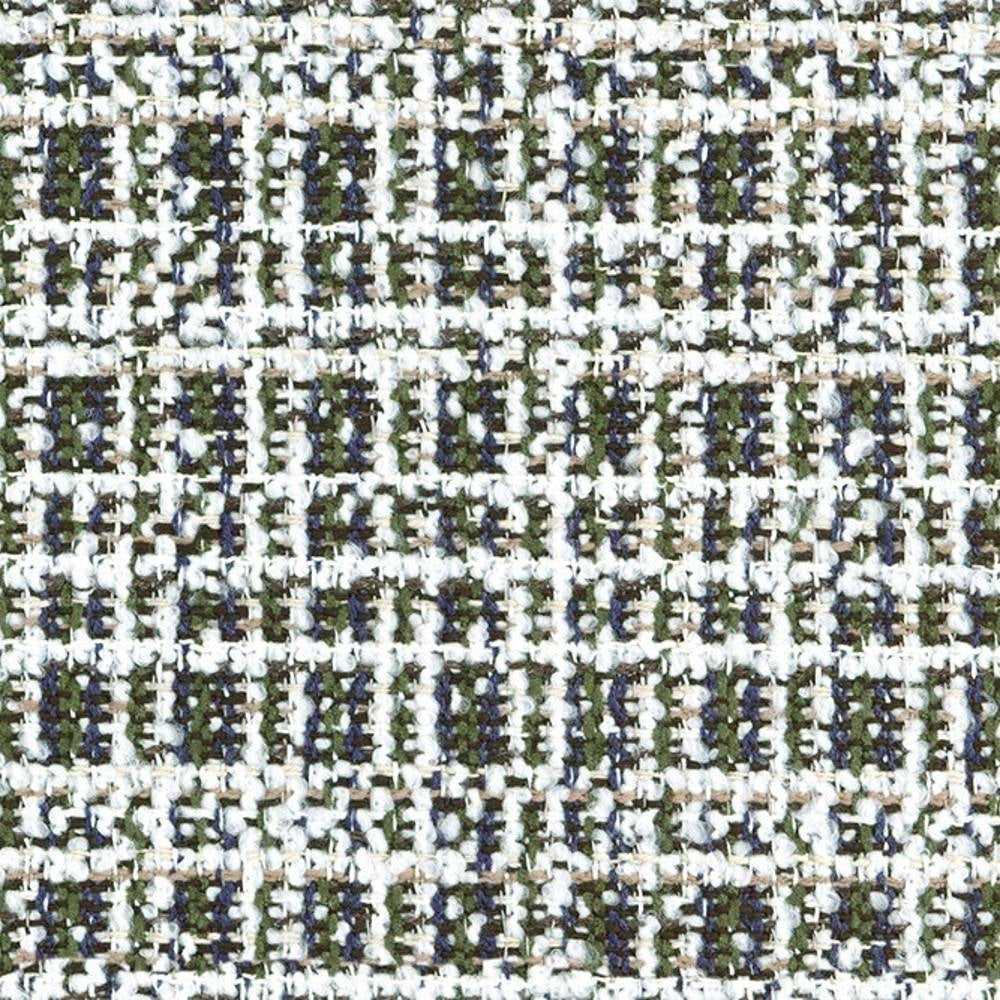 Close-up of boucle upholstery fabric with a white ground and woven olive, navy and tan flecks creating a small checked texture; 14% acrylic, 12% viscose, 74% polyester, for contemporary sofa use.