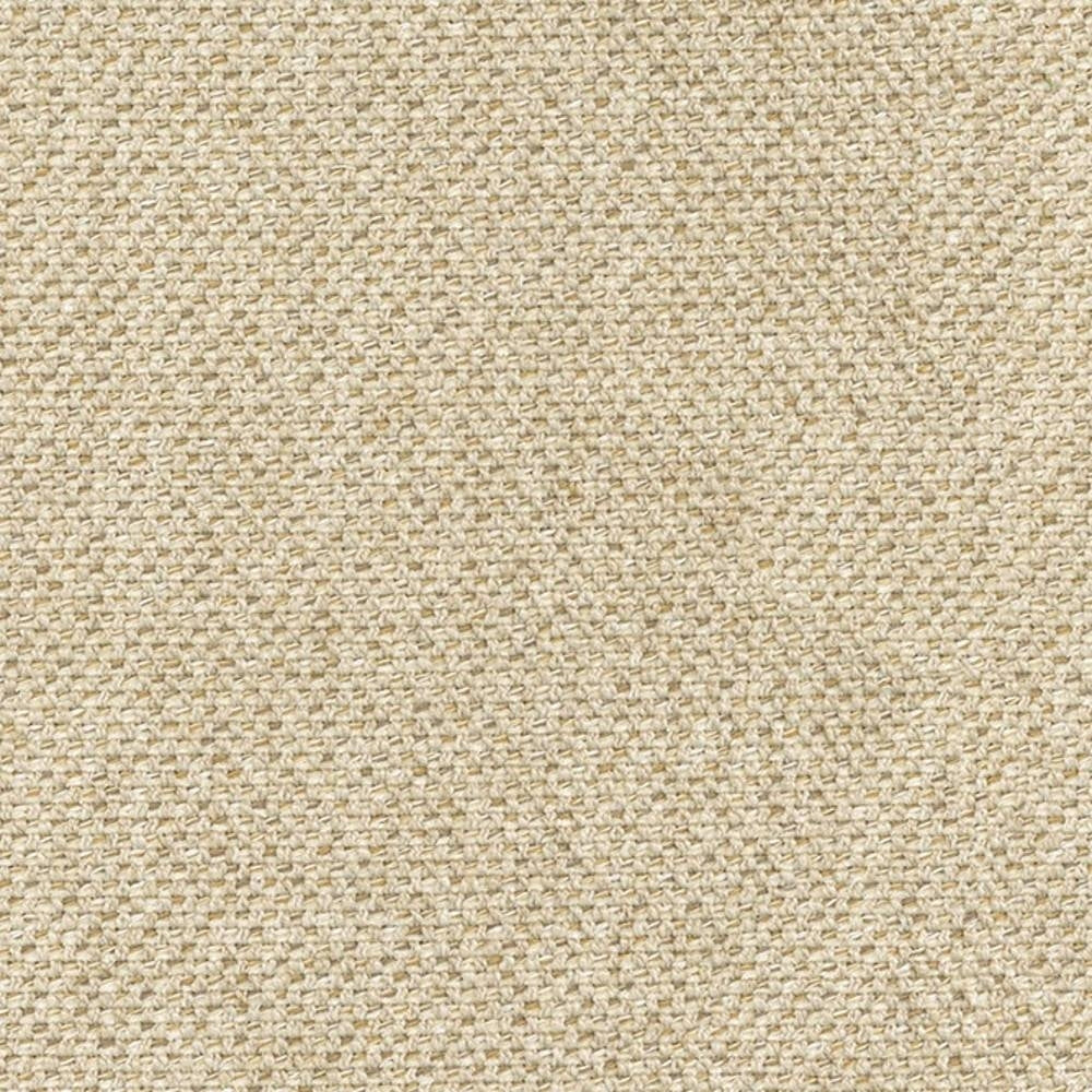 Close-up of beige-cream woven upholstery fabric showing textured basketweave; a 6% linen, 35% rayon, 20% acrylic and 39% polyester blend ideal for contemporary or modern sofas.