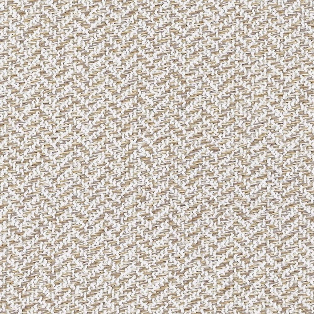 Close-up view of beige and white woven upholstery fabric with a textured basketweave pattern, shown in a 38% rayon, 62% polyester blend suitable for contemporary sofas and office seating.