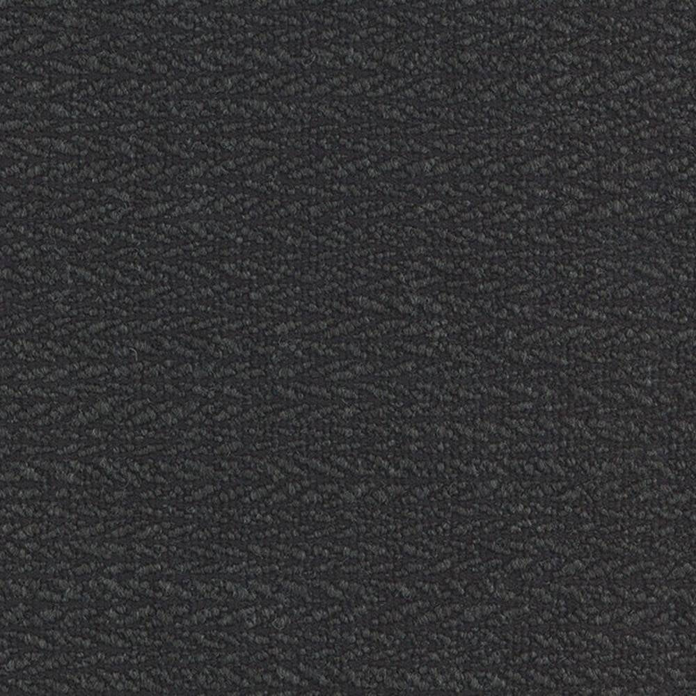 Close-up of dark charcoal textured upholstery fabric in an 18% wool, 47% acrylic, 35% polyester blend, showing a dense looped weave suitable for sofa upholstery.