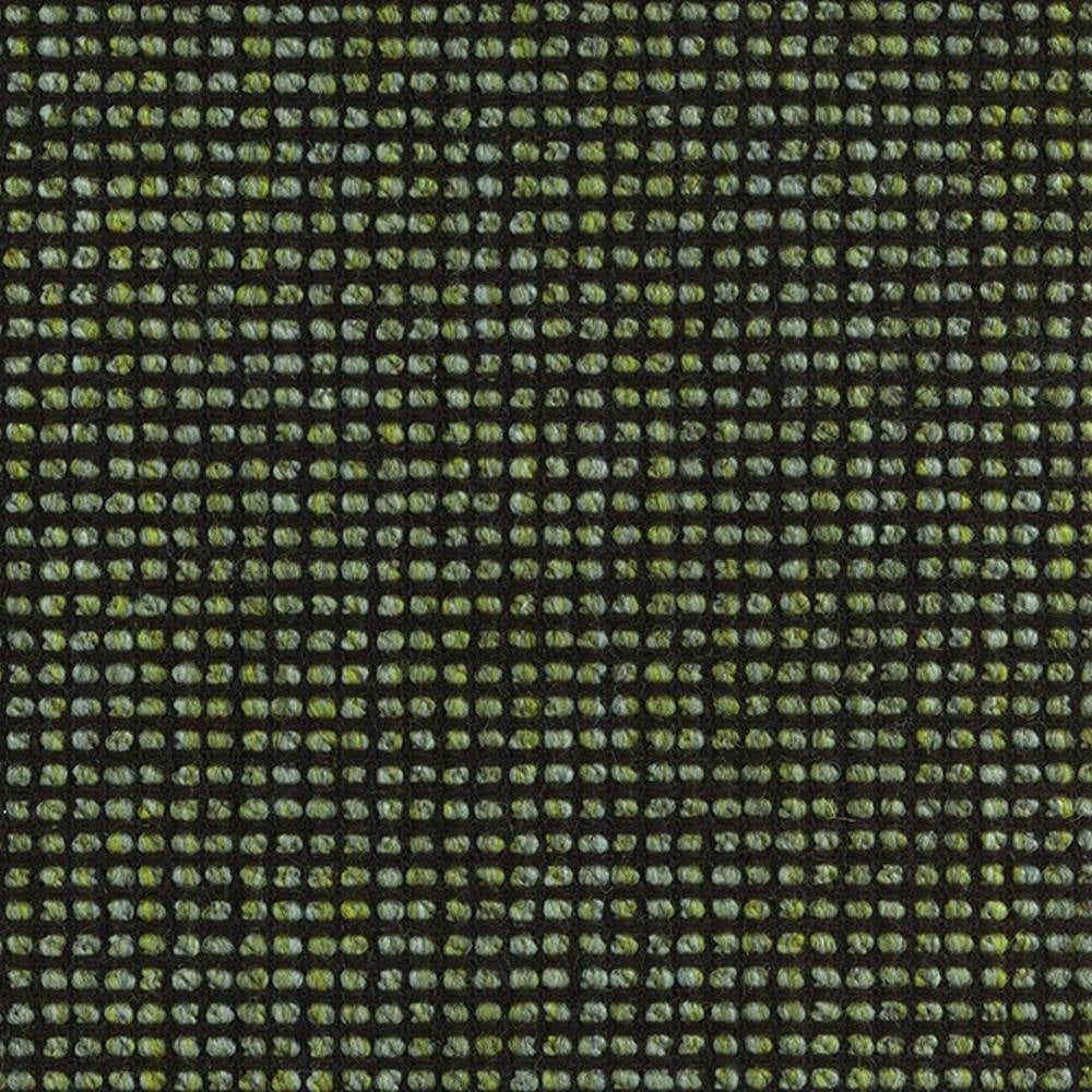 Macro close-up of olive-green and pale-gray looped woven upholstery fabric showing a tight square-grid pattern on a dark ground; linen, wool, viscose and polyester blend suitable for sofa upholstery.