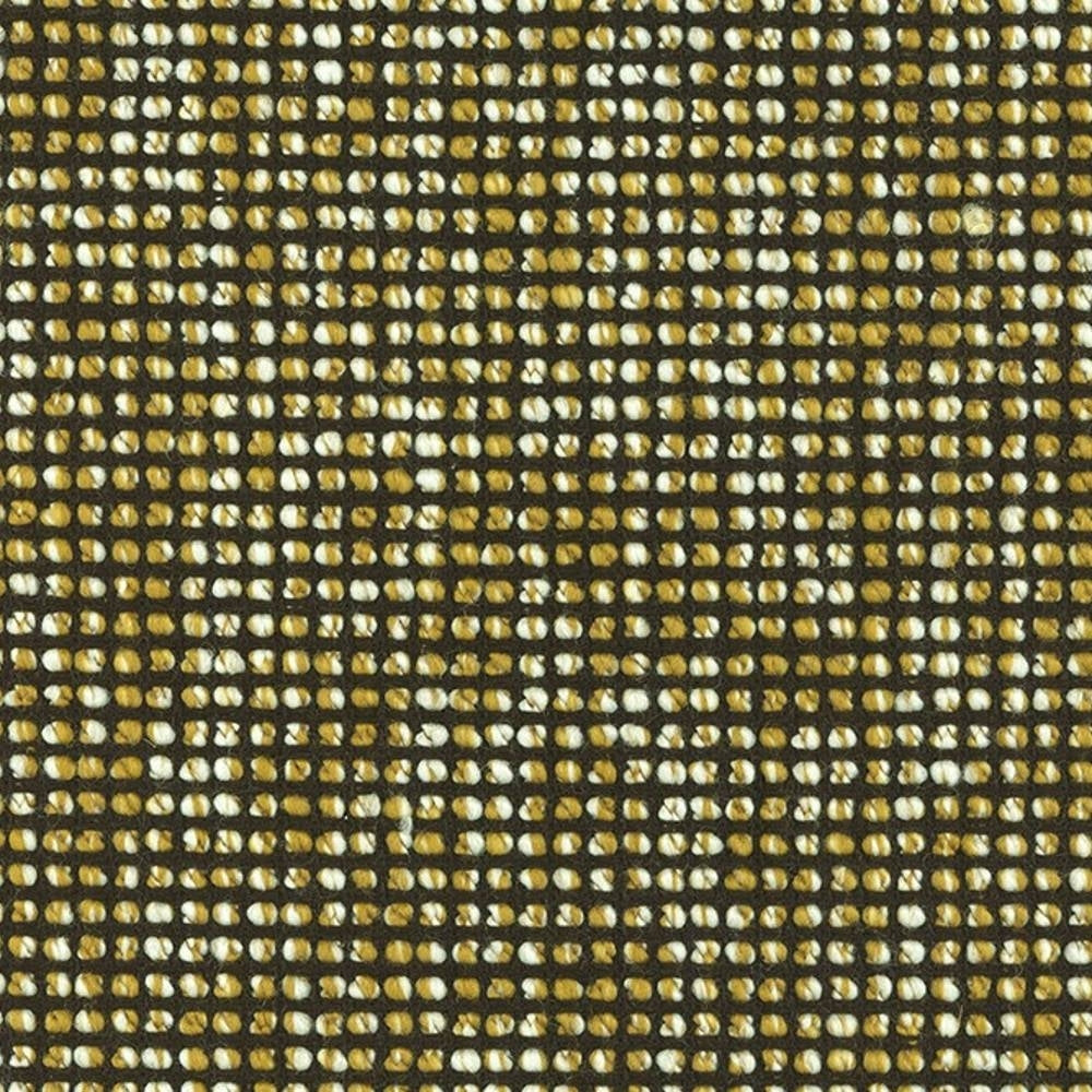 Close-up of woven upholstery fabric showing a tight grid of white and mustard-gold yarns on a dark neutral ground, textured linen, wool, viscose, acrylic and polyester blend suitable for sofas.