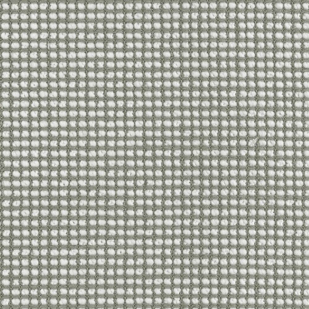 Close-up of neutral white upholstery fabric with a tight square grid weave, light gray thread outlines and soft white tufts, showing textured slub detail; linen, wool, viscose and polyester blend for sofas.