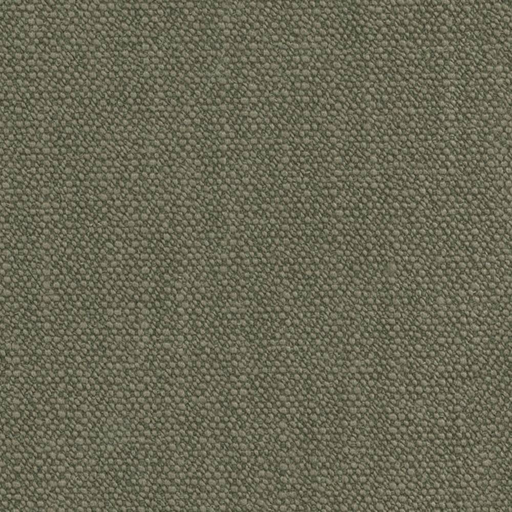 Close-up of neutral olive-gray upholstery fabric showing a tight pebble-like weave, composed of 14% wool, 3% linen, 52% acrylic and 31% polyester, intended for contemporary sofa upholstery.