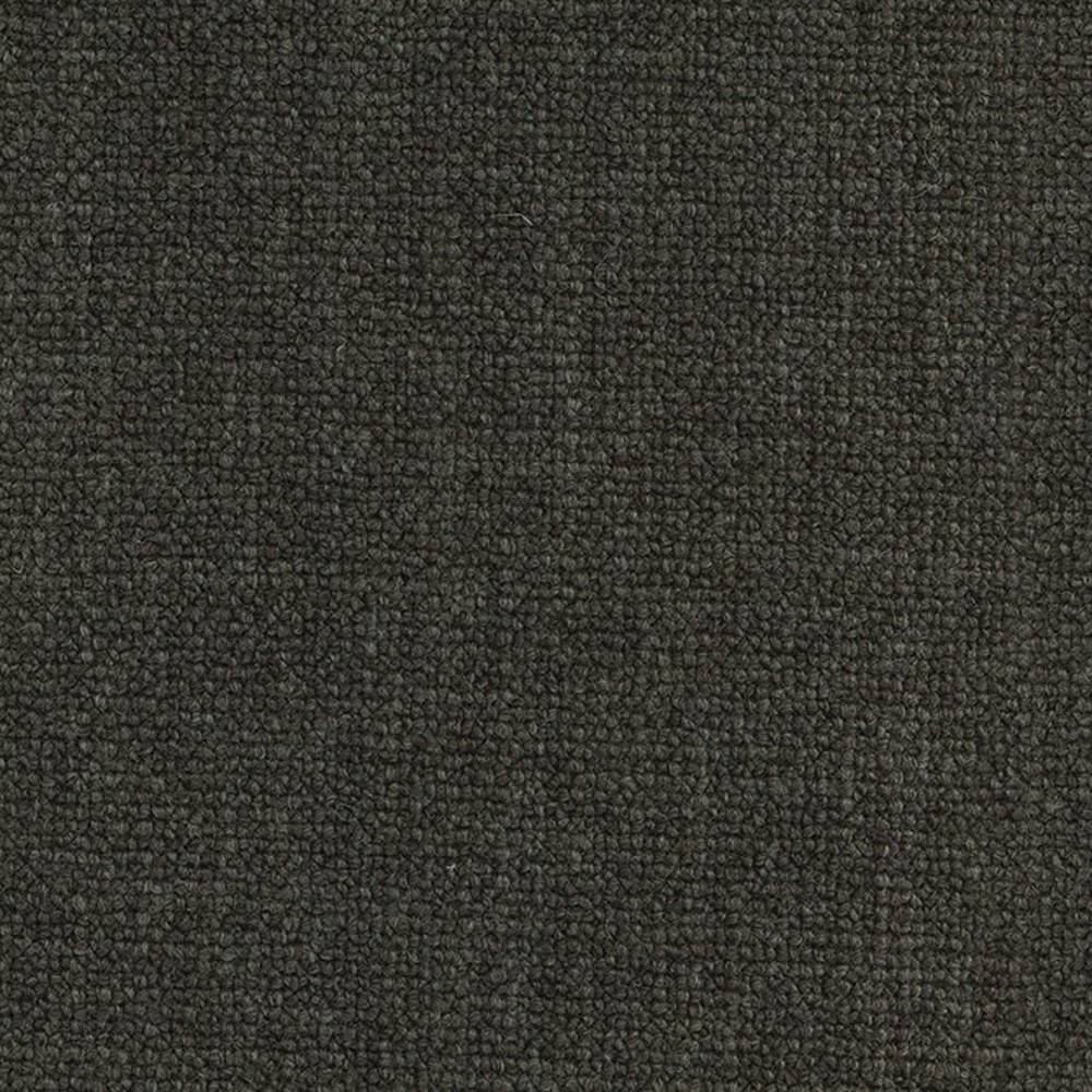 Close-up of dark charcoal woven upholstery fabric with tight looped texture, a durable 18% wool/57% acrylic/24% polyester blend ideal for contemporary sofas.