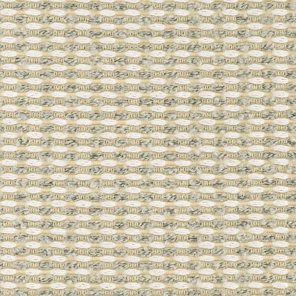 Close-up of neutral beige geometric woven upholstery fabric with cream yarns and a textured horizontal looped weave, ideal for modern sofa upholstery; 12% wool, 25% acrylic, 63% triacetate blend.