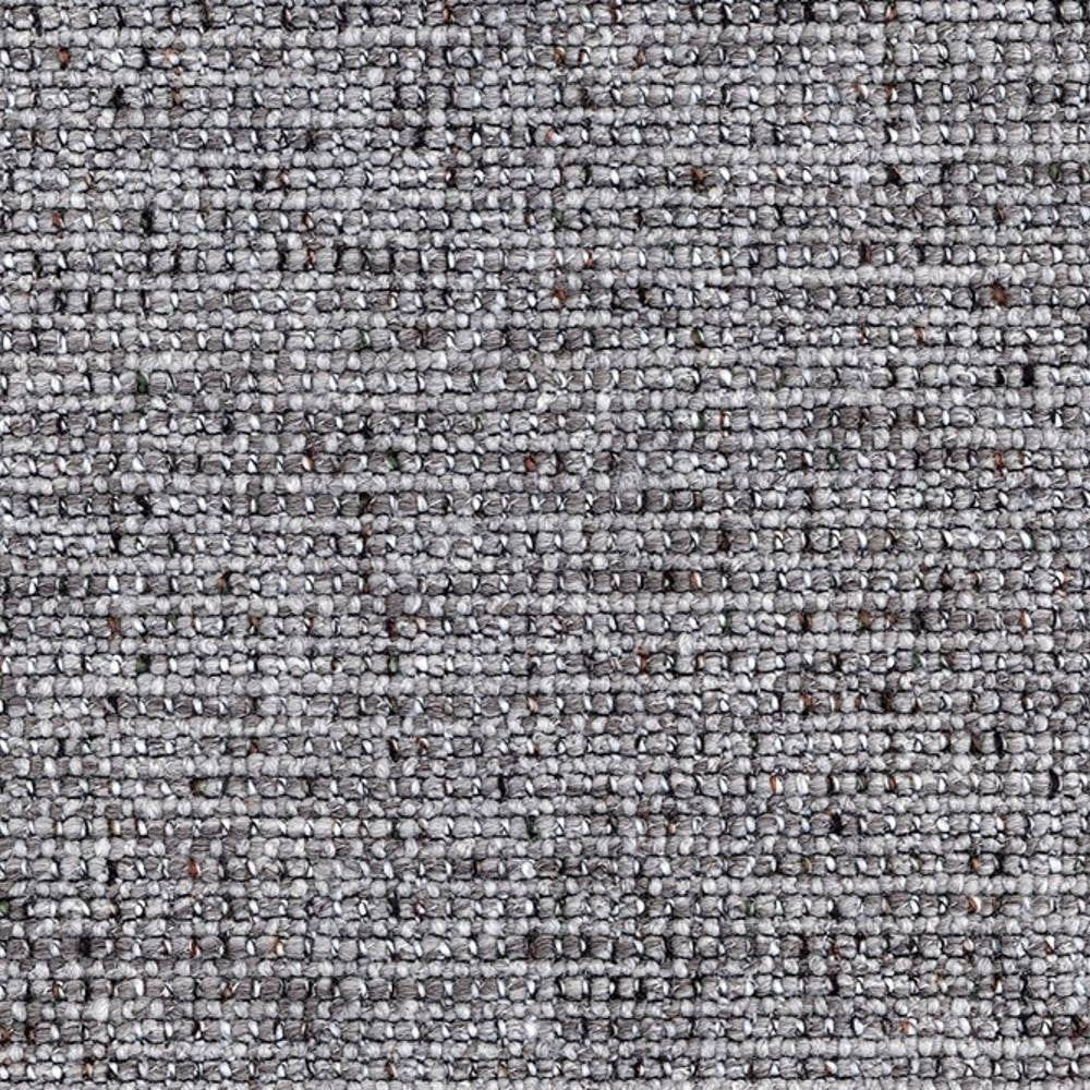 Close-up of light gray boucle upholstery fabric swatch showing looped woven texture with subtle cream and beige flecks, a wool-acrylic-polyester blend designed for sofa upholstery and heavy-duty indoor use.