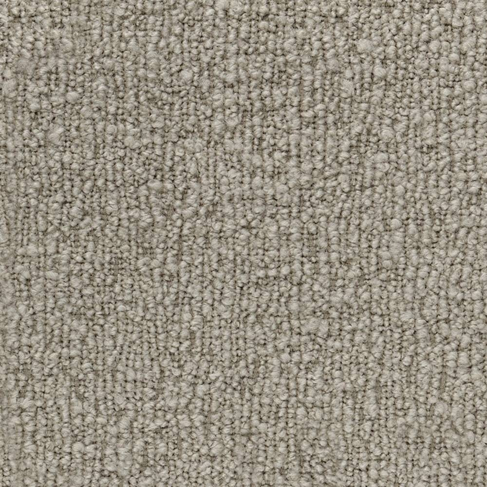 Close-up of beige-gray boucle upholstery fabric showing looped texture and tight weave; 30% wool, 46% acrylic, 24% polyester blend ideal for contemporary and modern sofa or office upholstery.