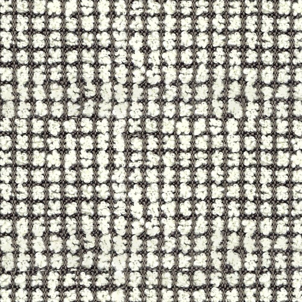 Close-up of cream boucle woven upholstery fabric with a charcoal grid forming a small-scale check pattern; looped wool-acrylic-polyester yarn creates a textured neutral fabric for sofas.