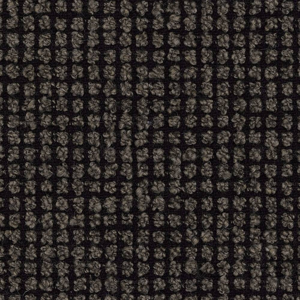 Close-up of beige boucle woven upholstery fabric with dark charcoal grid pattern and looped texture, 25% wool / 40% acrylic / 35% polyester blend suitable for sofas.
