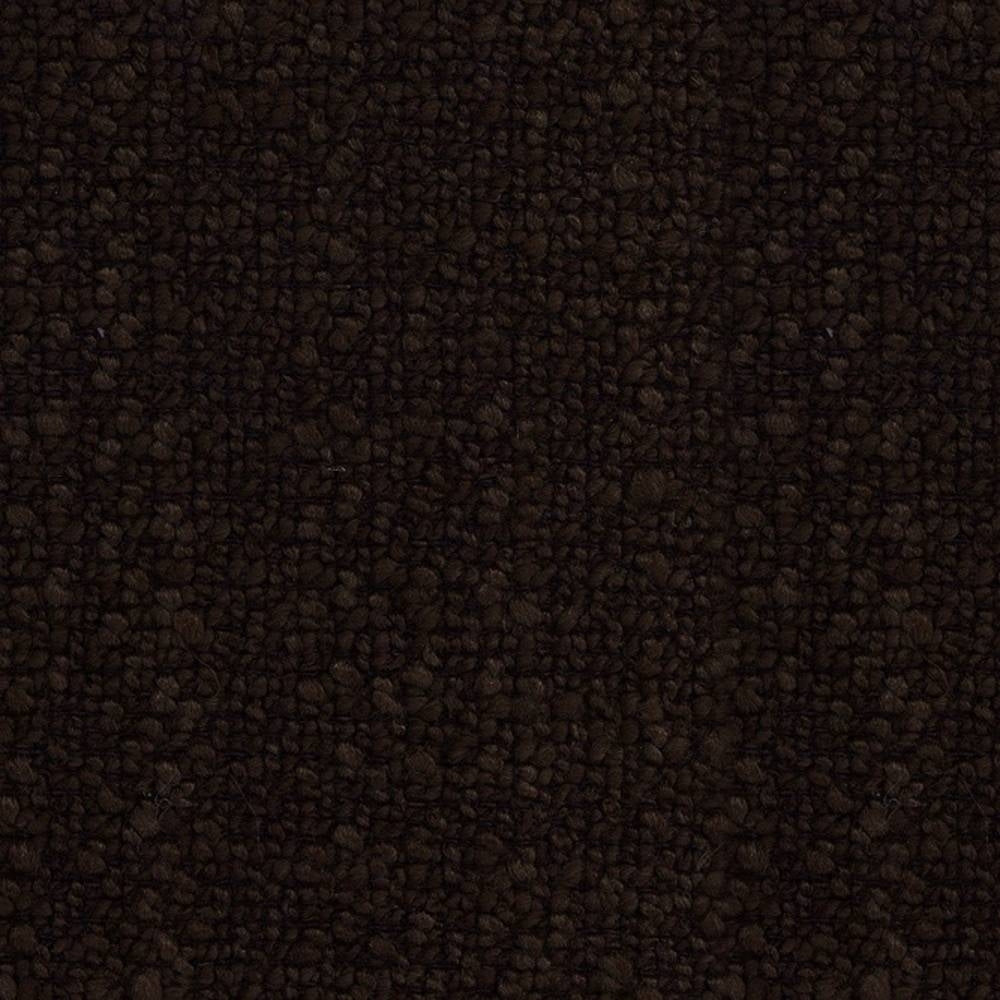 Close-up of dark brown boucle upholstery fabric showing dense looped texture and nap, ideal for sofas; composition 73% rayon, 27% triacetate.