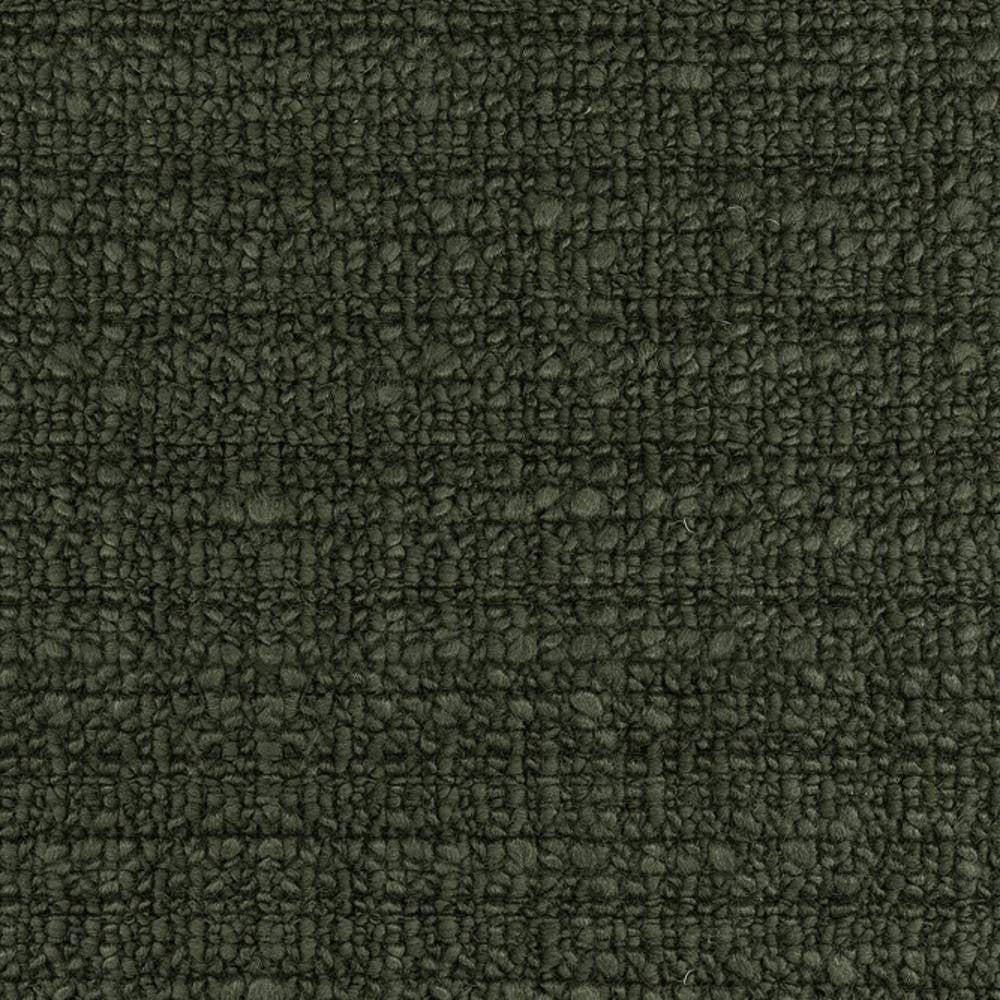 Close-up of a deep olive-green boucle upholstery fabric in a 32% wool, 48% acrylic, 20% triacetate blend, showing dense textured loop pile ideal for sofa upholstery.