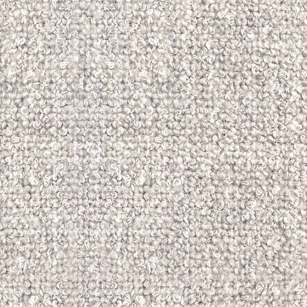 Close-up of cream boucle upholstery fabric showing dense looped wool-blend yarn texture for sofas, soft neutral tone with subtle heathering from rayon, acrylic and triacetate fibers.