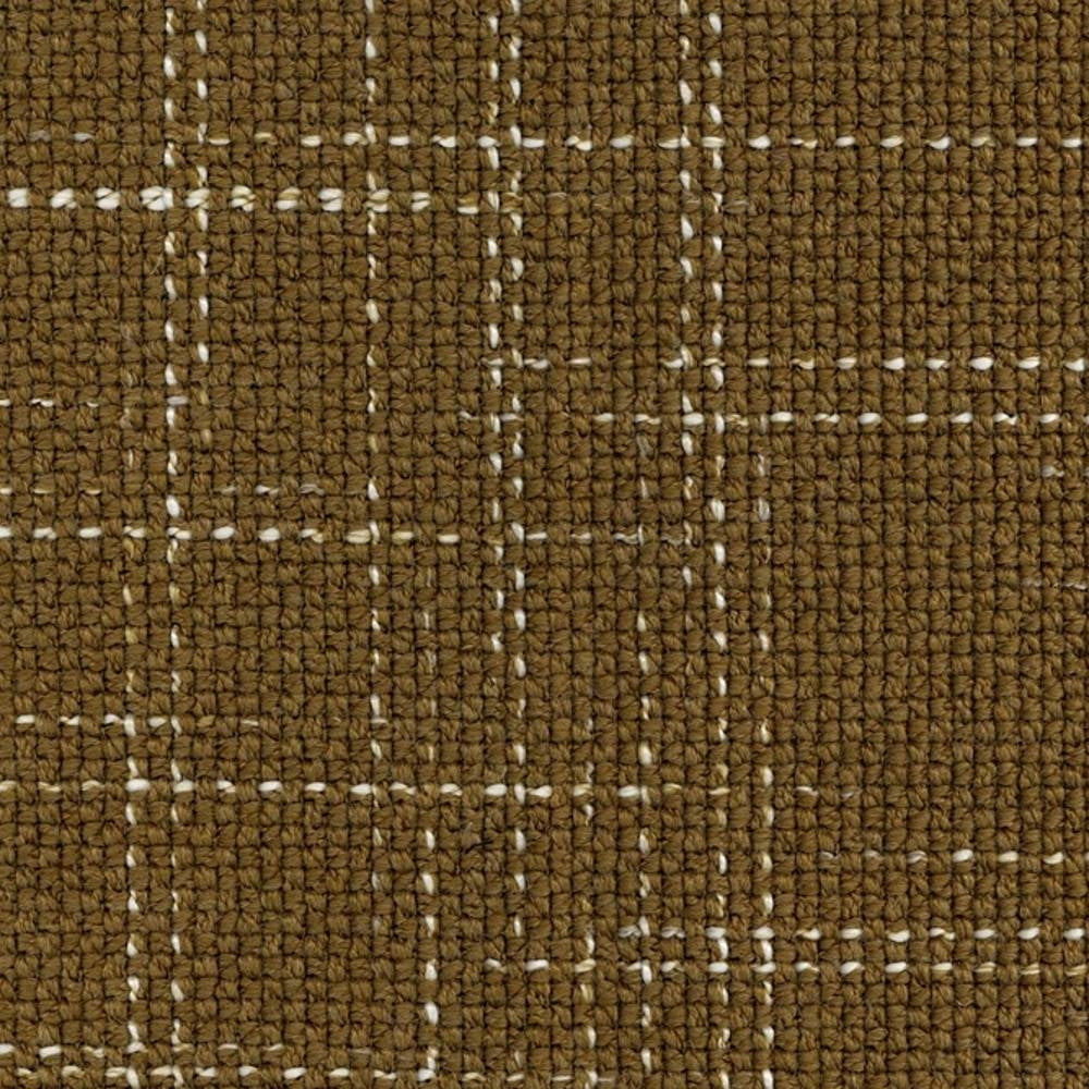Close-up of olive-brown windowpane upholstery fabric in a 30% wool, 54% acrylic, 14% triacetate blend showing a textured woven boucle weave with white stitched grid, ideal for contemporary sofas and office seating.