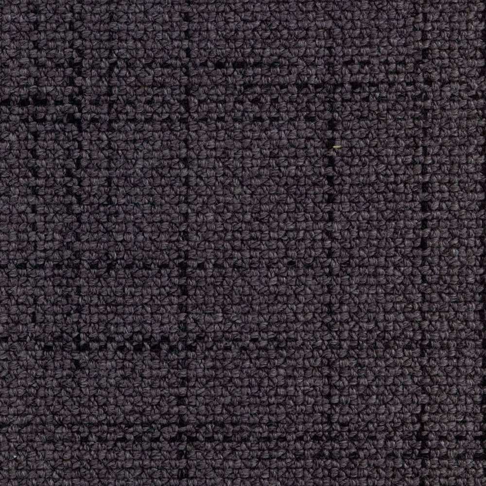 Close-up of charcoal gray windowpane upholstery fabric showing woven looped texture and subtle grid pattern, ideal for contemporary sofas and offices; 30% wool, 54% acrylic, 14% triacetate.