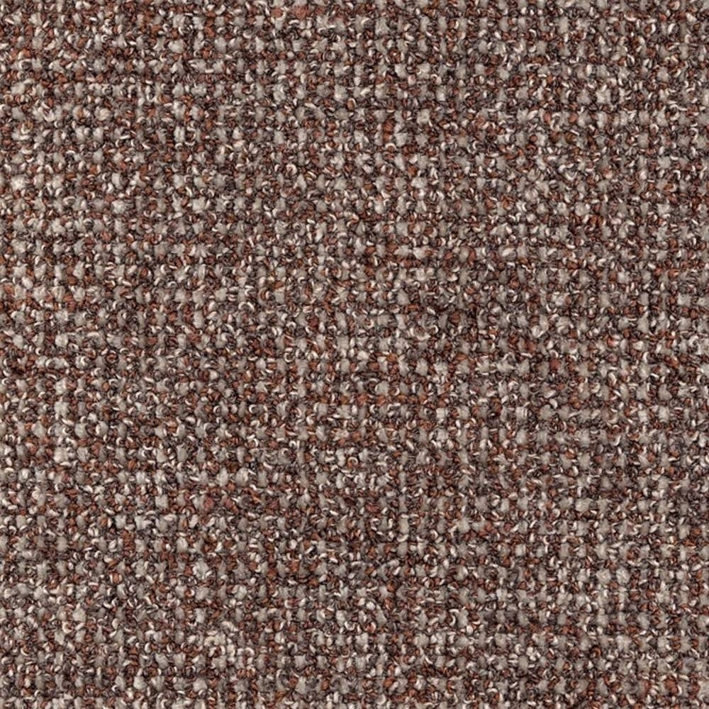 Close-up of boucle-look upholstery fabric in brown, gray and beige tones showing a dense looped texture; 30% wool, 42% acrylic, 28% triacetate for durable, contemporary sofa upholstery.