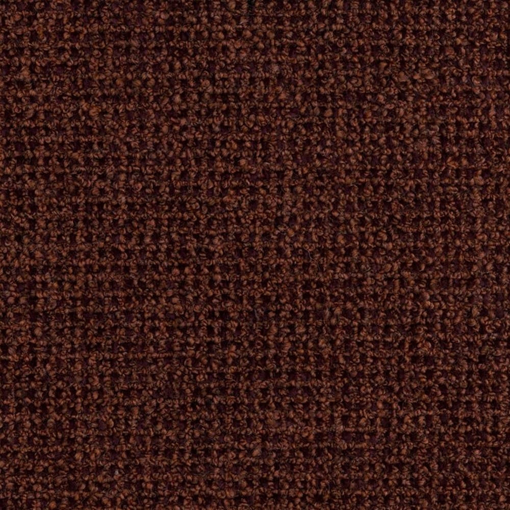 Close-up of deep brown boucle-look upholstery fabric, wool-blend composition (30% wool, 42% acrylic, 28% triacetate) showing dense looped texture ideal for contemporary sofa upholstery.