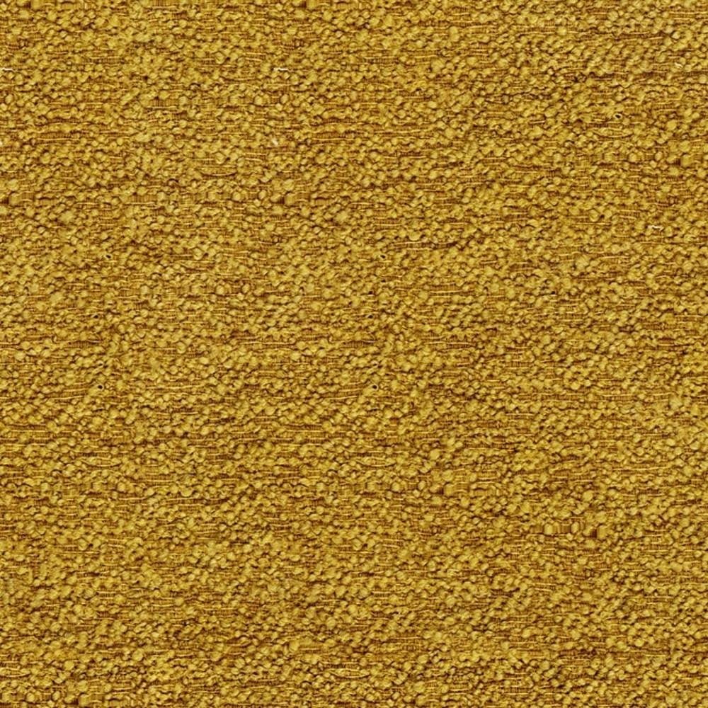 Close-up of mustard-gold plush boucle upholstery fabric in a wool-acrylic-triacetate blend, showing dense looped texture ideal for sofas and modern neutral interiors.
