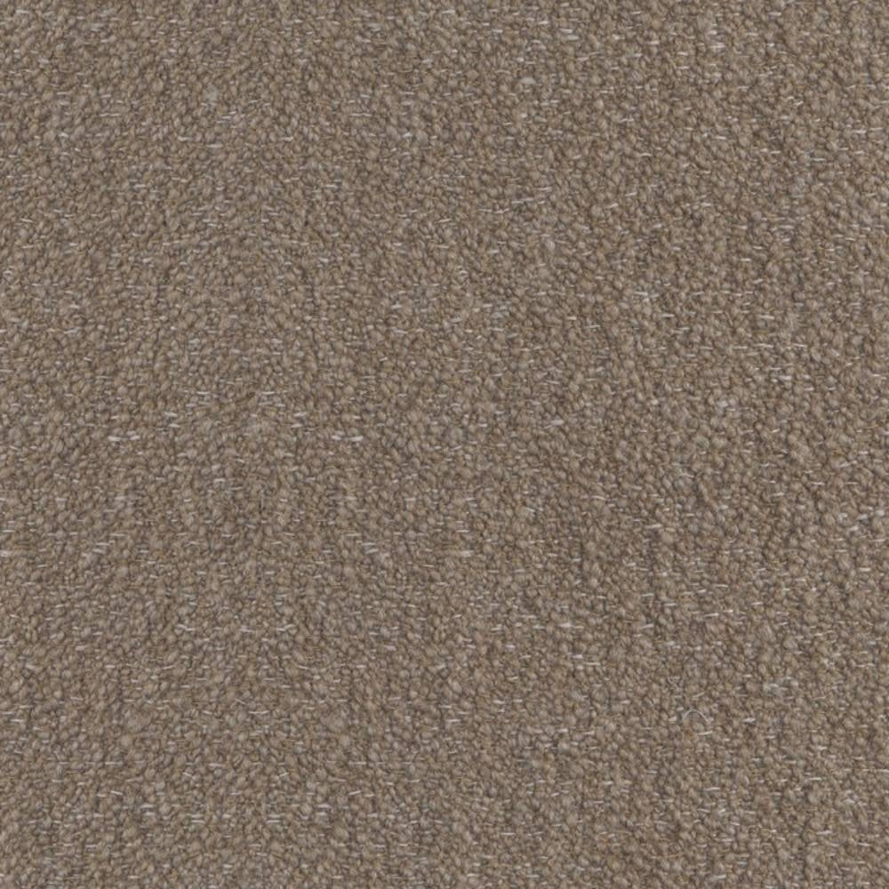 Close-up of neutral taupe felted wool-look bouclé upholstery fabric showing looped texture and subtle slubs; 20% wool and 25% acrylic blend suitable for indoor sofa upholstery.