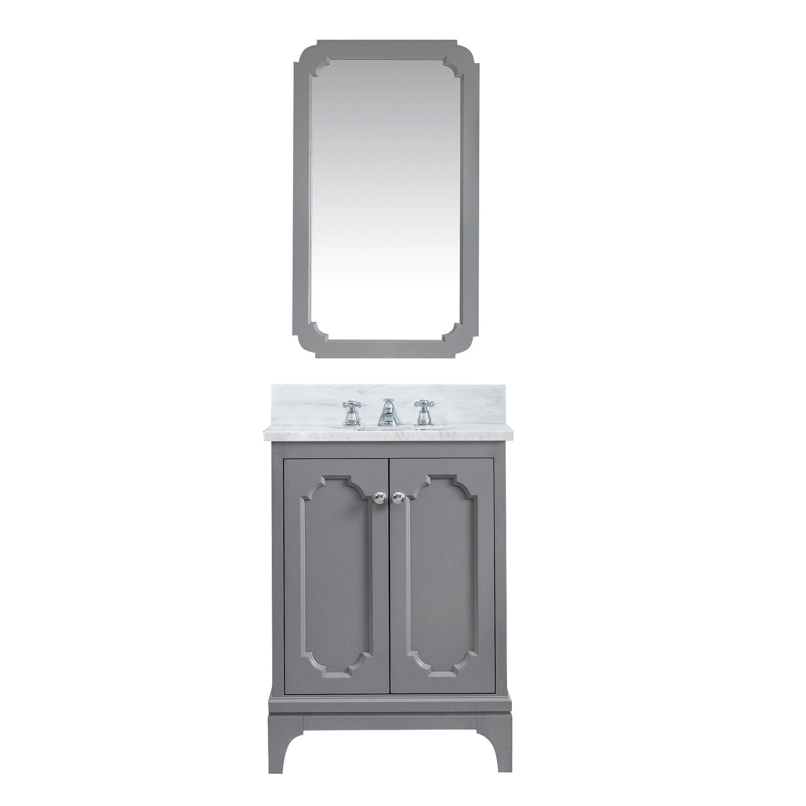Freestanding 30-inch cashmere grey wood bathroom vanity with white Carrara marble countertop and backsplash, decorative raised-panel doors with chrome knobs, classic chrome faucet, and matching tall framed mirror.