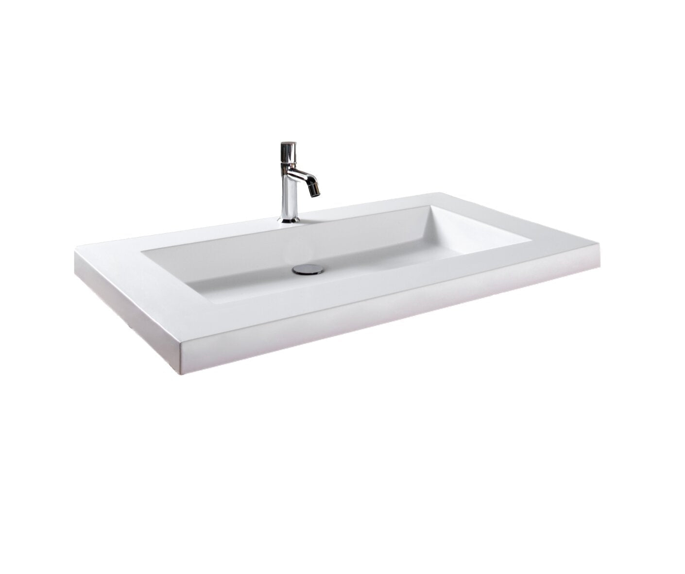 White rectangular stone-top single-basin vanity sink with integrated wide rim and chrome metal single-hole faucet, modern minimalist design shown on a white background.
