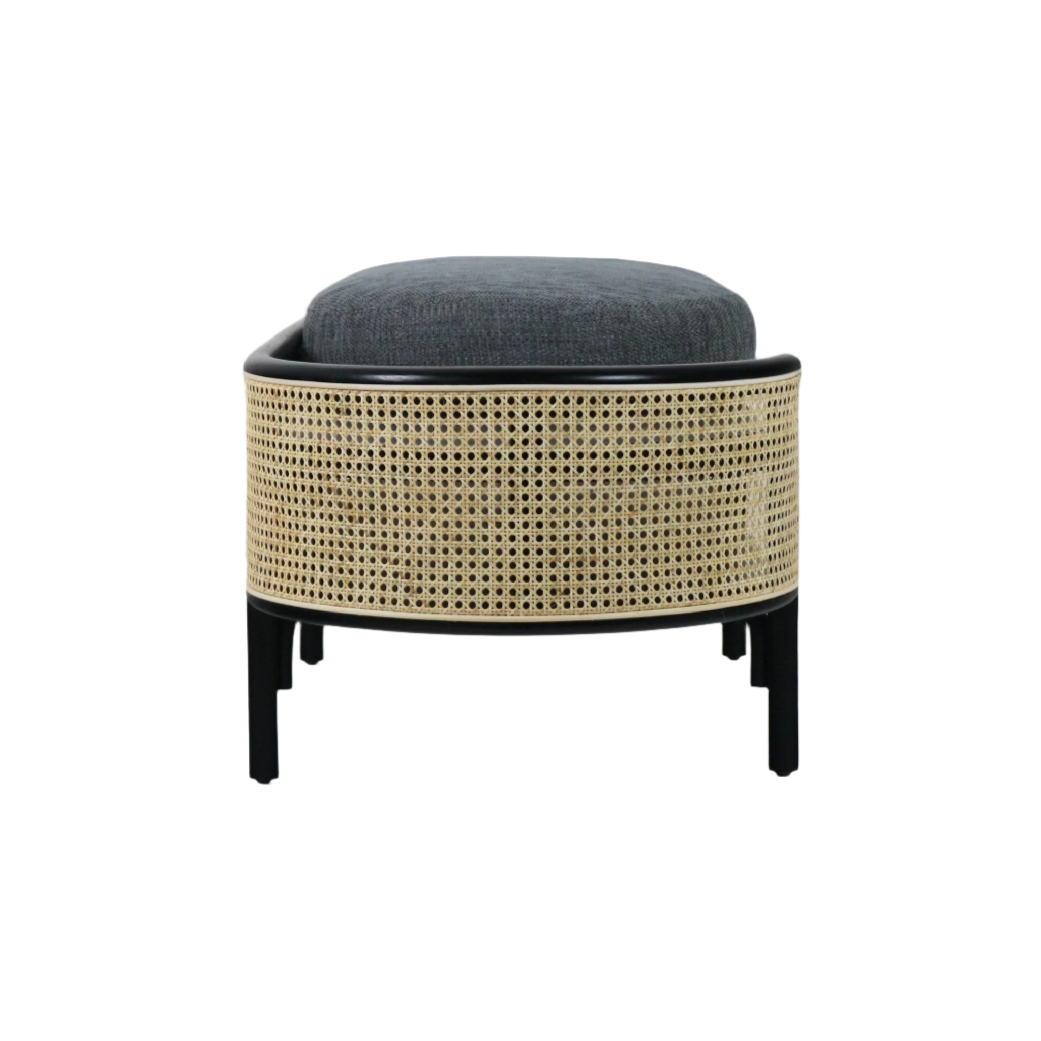 Front view of a round boho bench with natural rattan cane sides, a black solid wood frame and a dark gray fabric cushion.