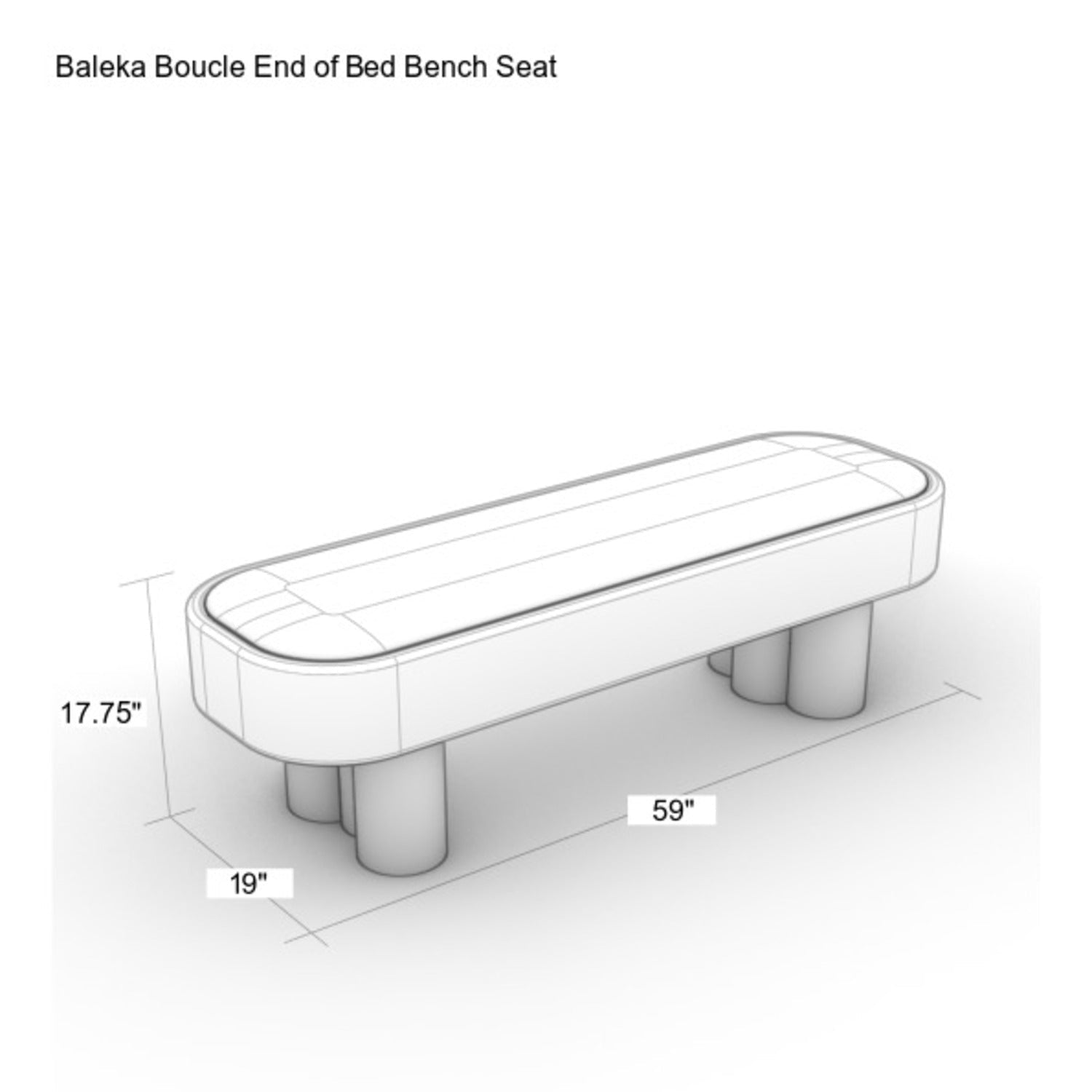 Line drawing of a 59 in bouclé-upholstered end-of-bed bench with rounded rectangular seat and clustered cylindrical solid wood legs, dimensions labeled 59 in × 19 in × 17.75 in.