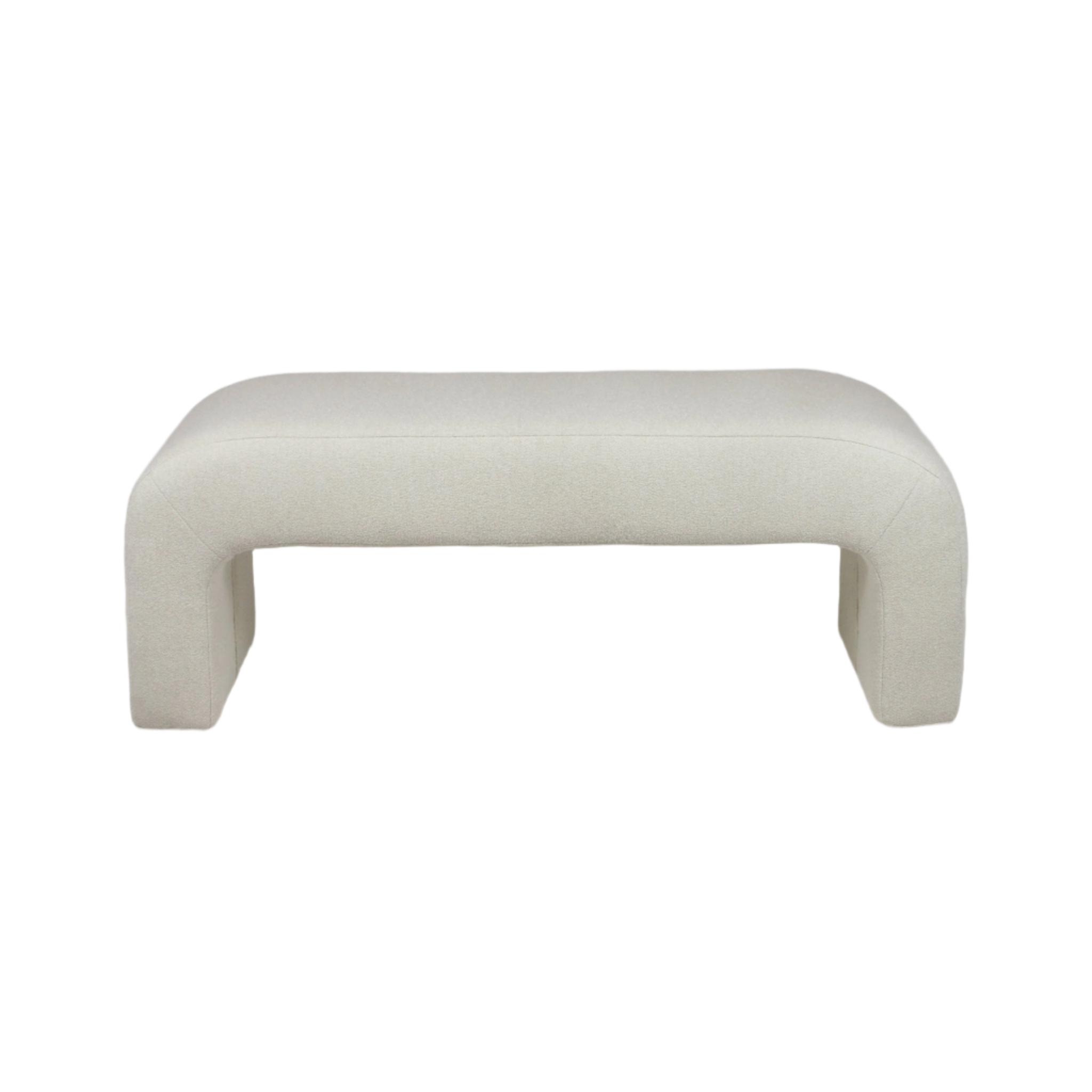 59-inch off-white boucle upholstered backless bench with rounded arched legs and a low-profile modern coastal silhouette, photographed on a white background.