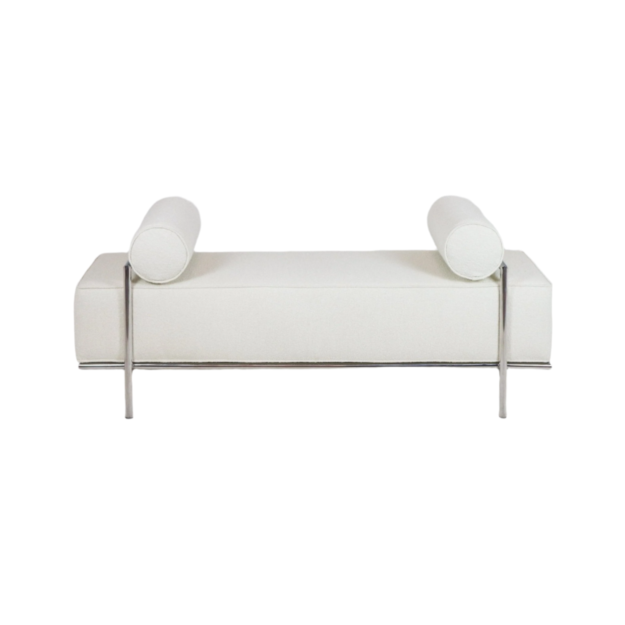59-inch white fabric upholstered end-of-bed bench with two cylindrical bolster cushions and a polished stainless-steel frame and legs, shown on a white background.