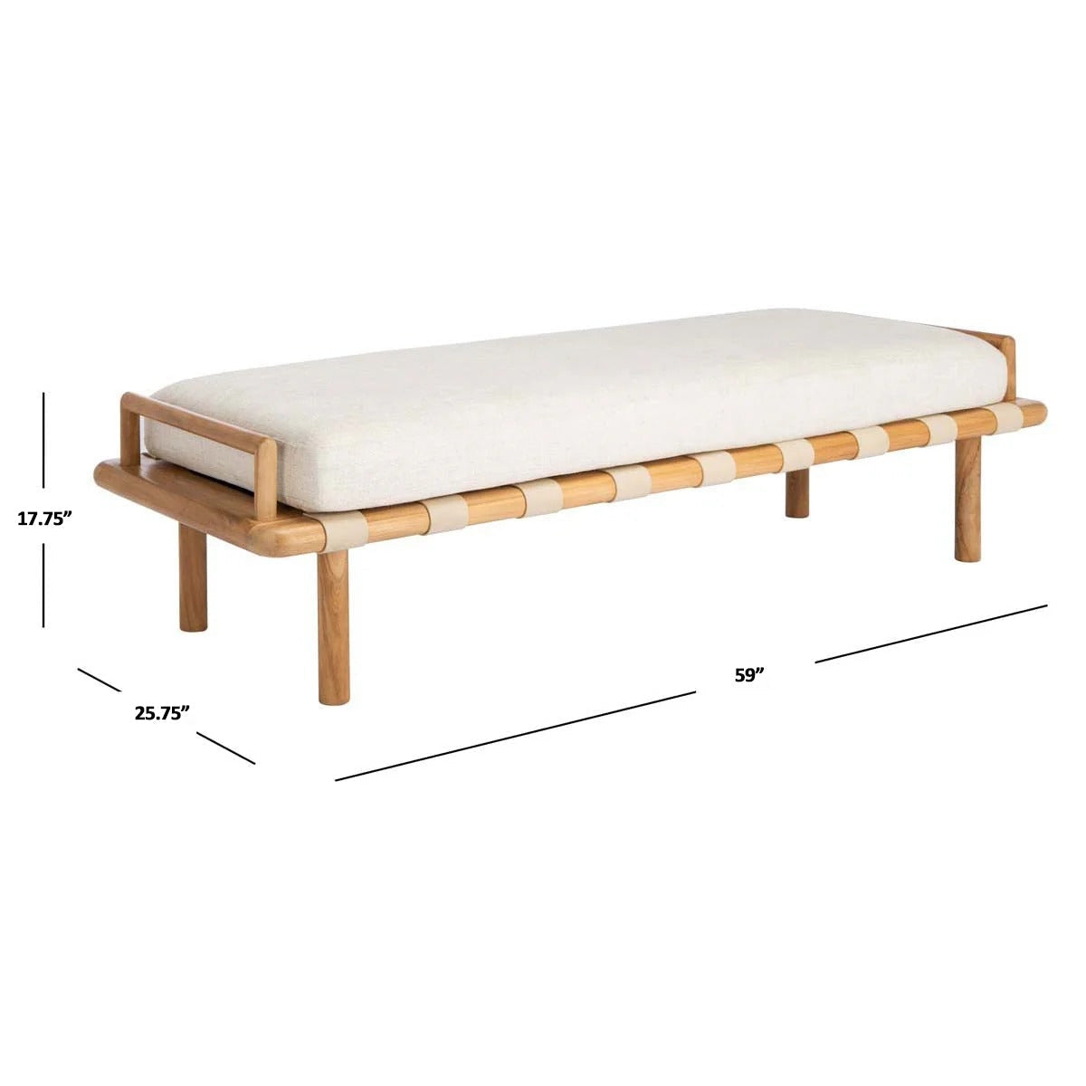 59-inch end-of-bed bench with a cream boucle upholstered cushion on a natural wood frame, rounded legs and light leather strap detailing in a minimalist coastal-contemporary style; dimensions shown: 59 x 25.75 x 17.75 inches.