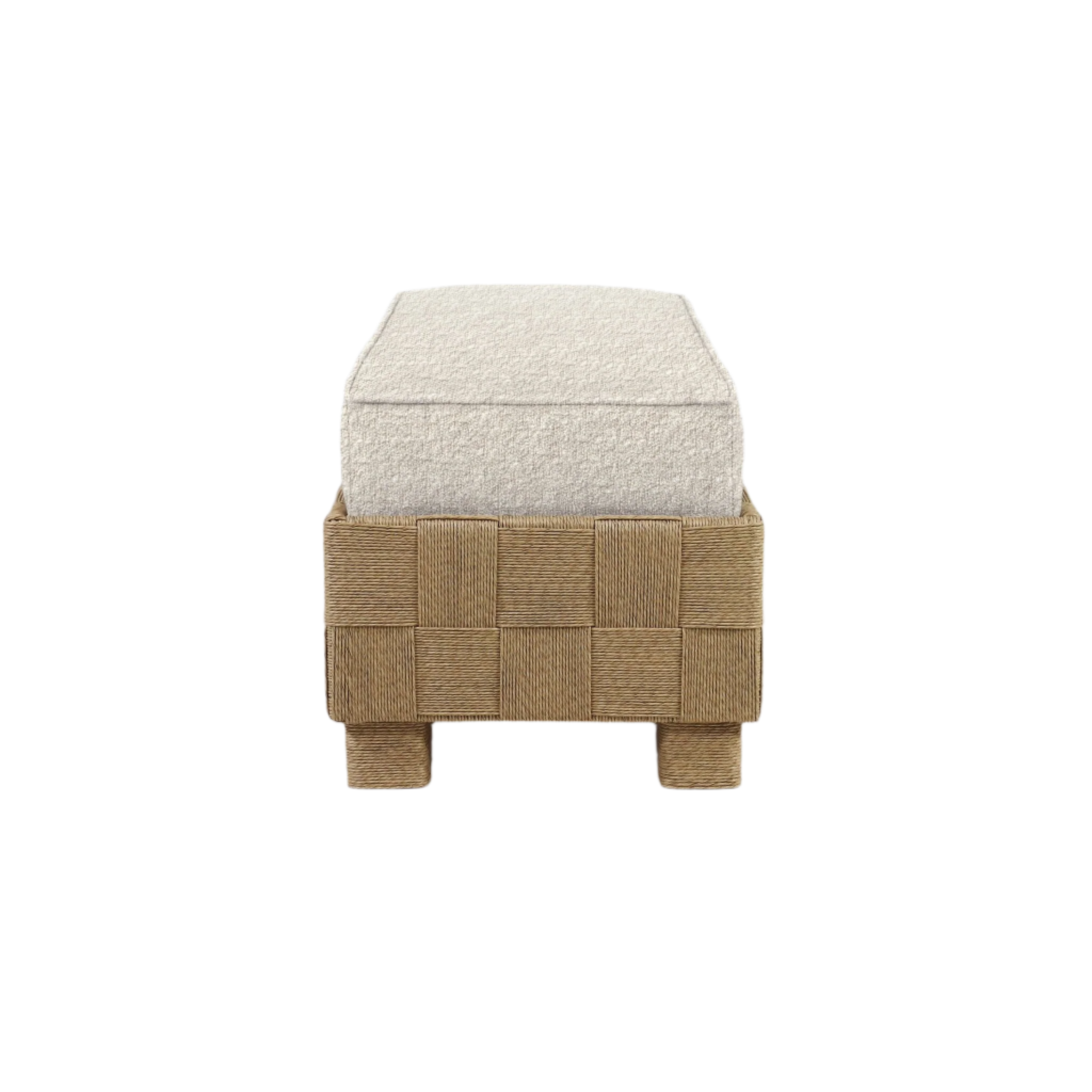 Cream boucle-upholstered cushion atop a natural woven seagrass-style wooden bench frame with square basket-weave panels and short wrapped block legs, shown front view.