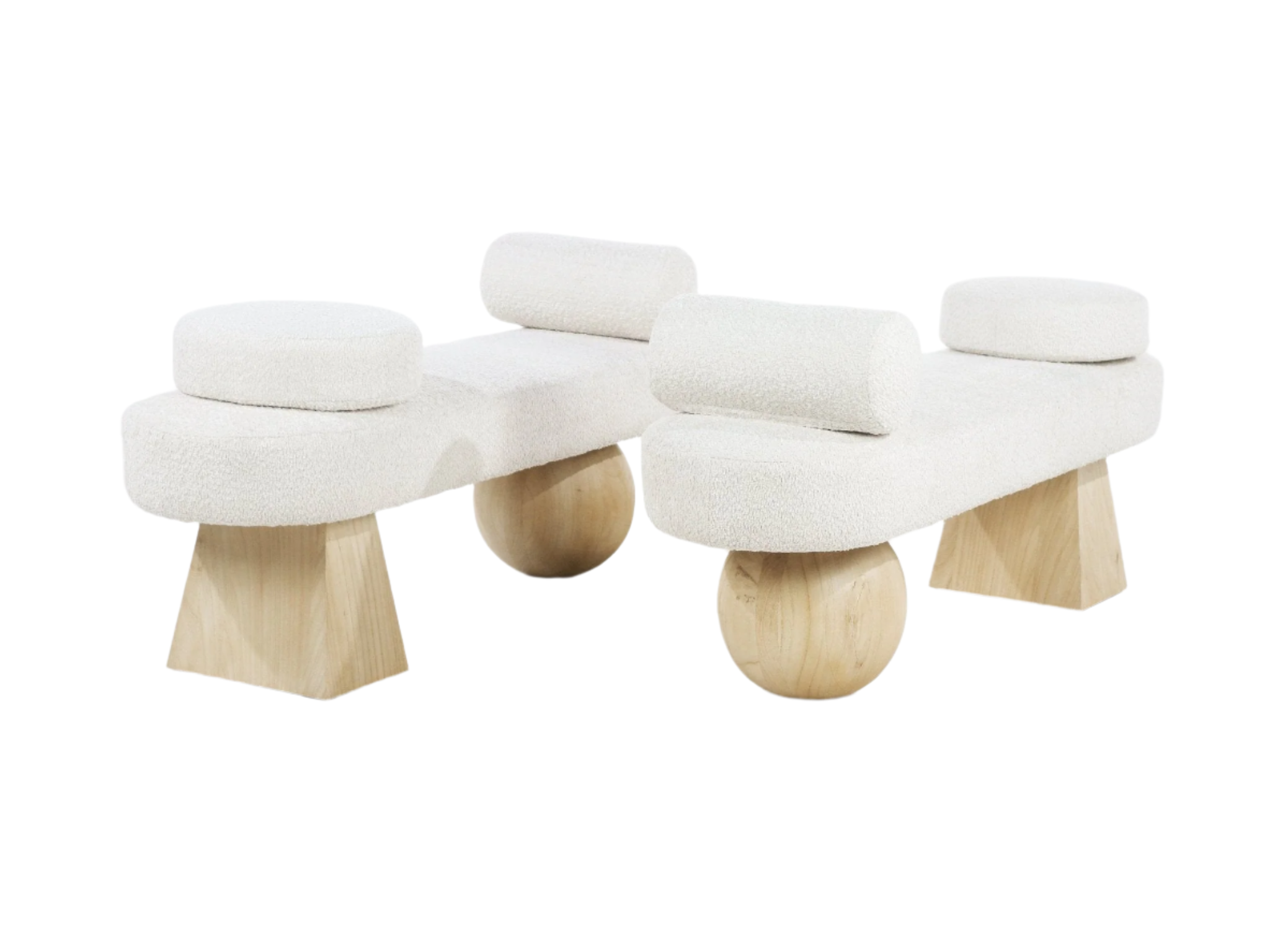 59-inch cream boucle upholstered end-of-bed bench with two cylindrical bolsters, two round seat pads, and mixed solid wood legs in natural finish featuring spherical and tapered block supports in a contemporary coastal style.