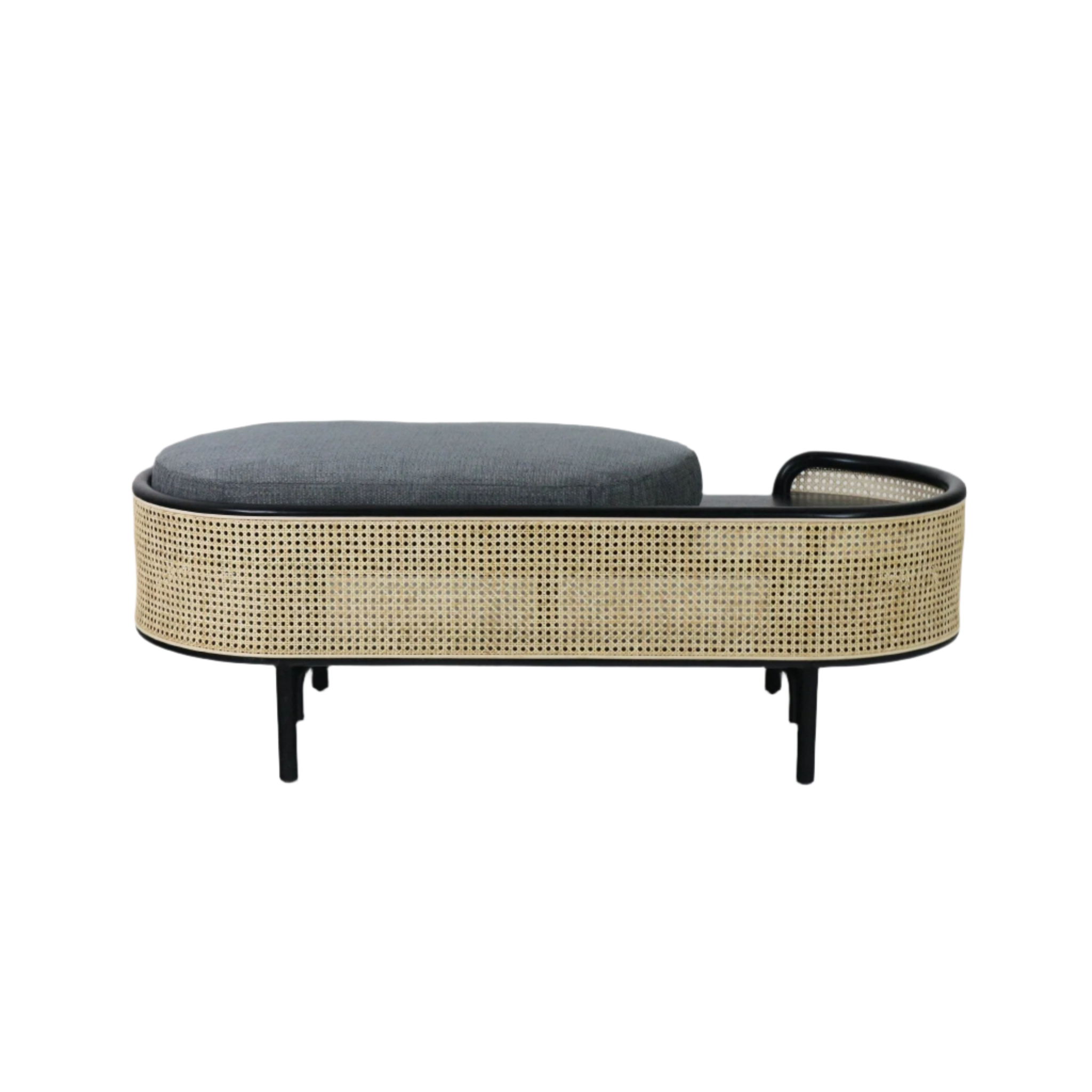 59-inch backless bench with natural woven rattan wraparound sides, black solid wood frame and low legs, topped with a gray upholstered seat cushion.