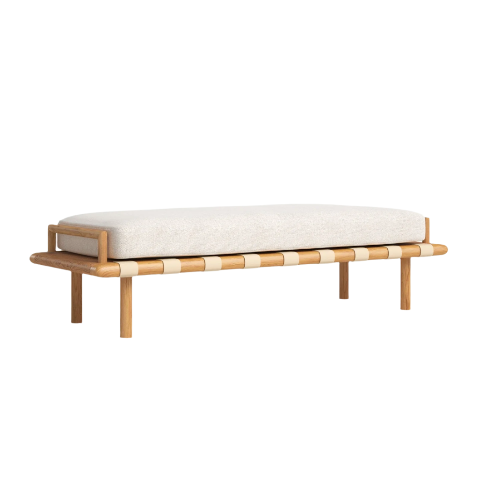 Beige boucle upholstered end-of-bed bench with a thick rectangular cushion on a light oak wooden frame featuring rounded edges and alternating natural straps for a low-profile contemporary look.