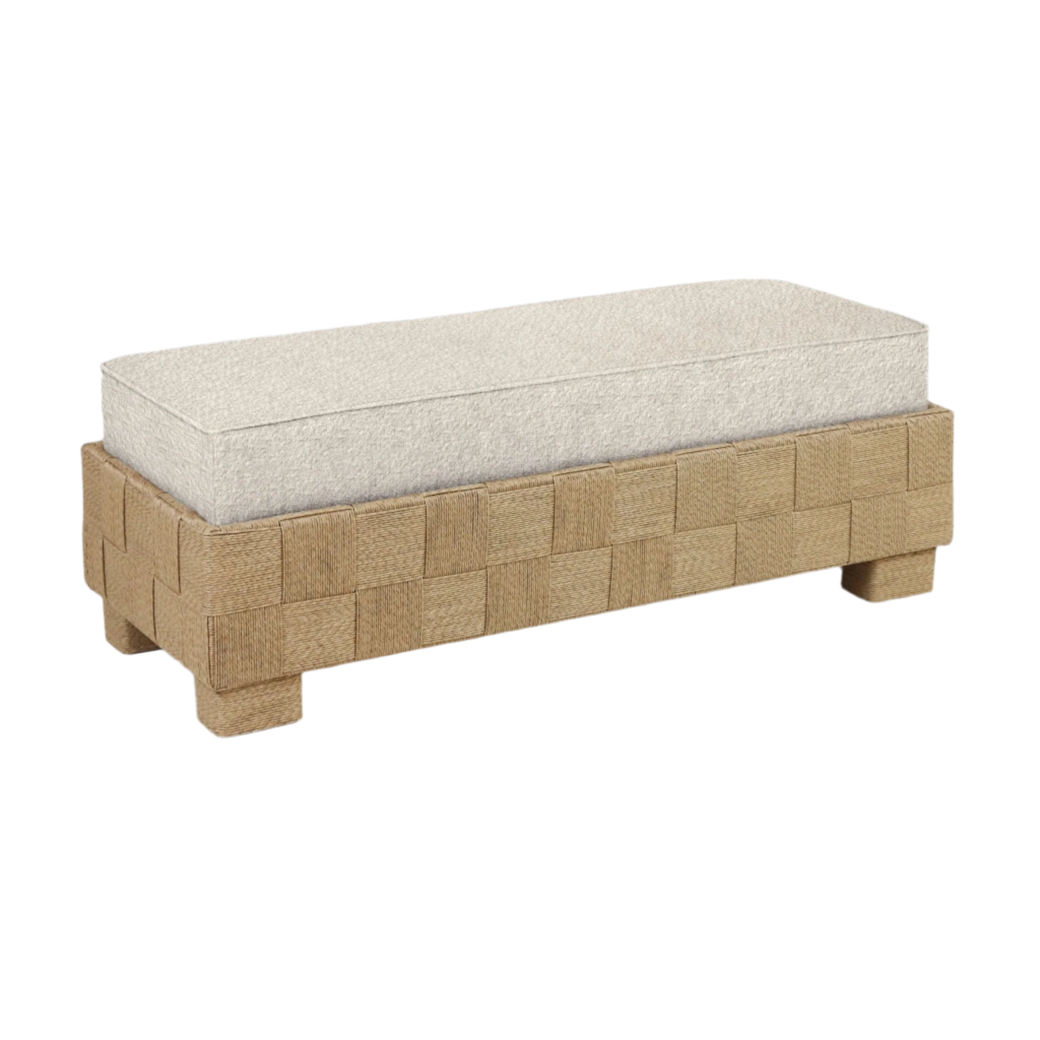 75-inch modern end-of-bed bench with a cream-beige boucle upholstered cushion resting on a woven natural seagrass-wrapped wood base with low block legs.