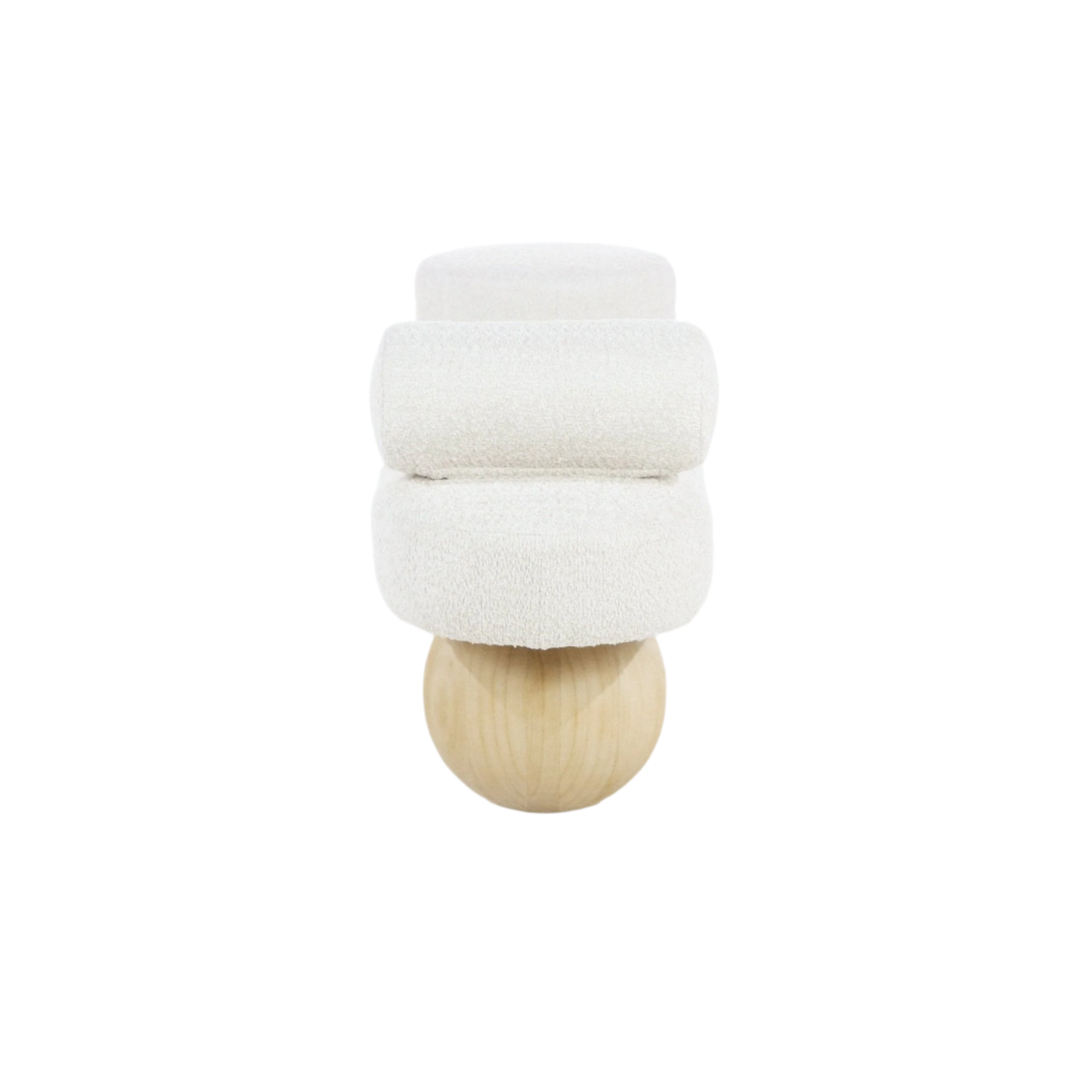 Front view of a white boucle upholstered bench seat showing three rounded stacked cushions supported by a natural wood spherical leg.