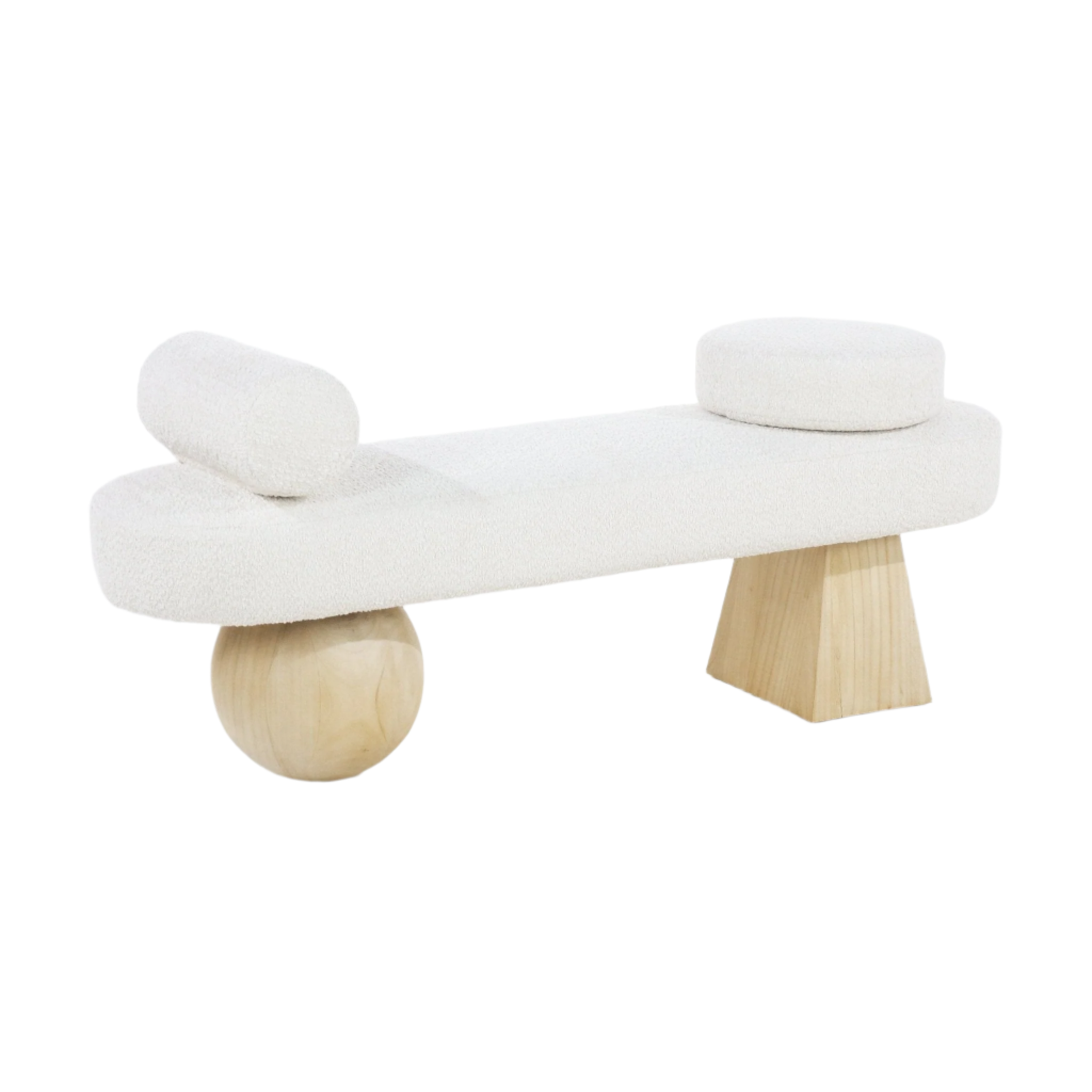 75-inch white boucle upholstered end-of-bed bench with a cylindrical bolster pillow and round cushion, supported by a natural wood sphere leg on one side and a tapered natural wood block leg on the other.