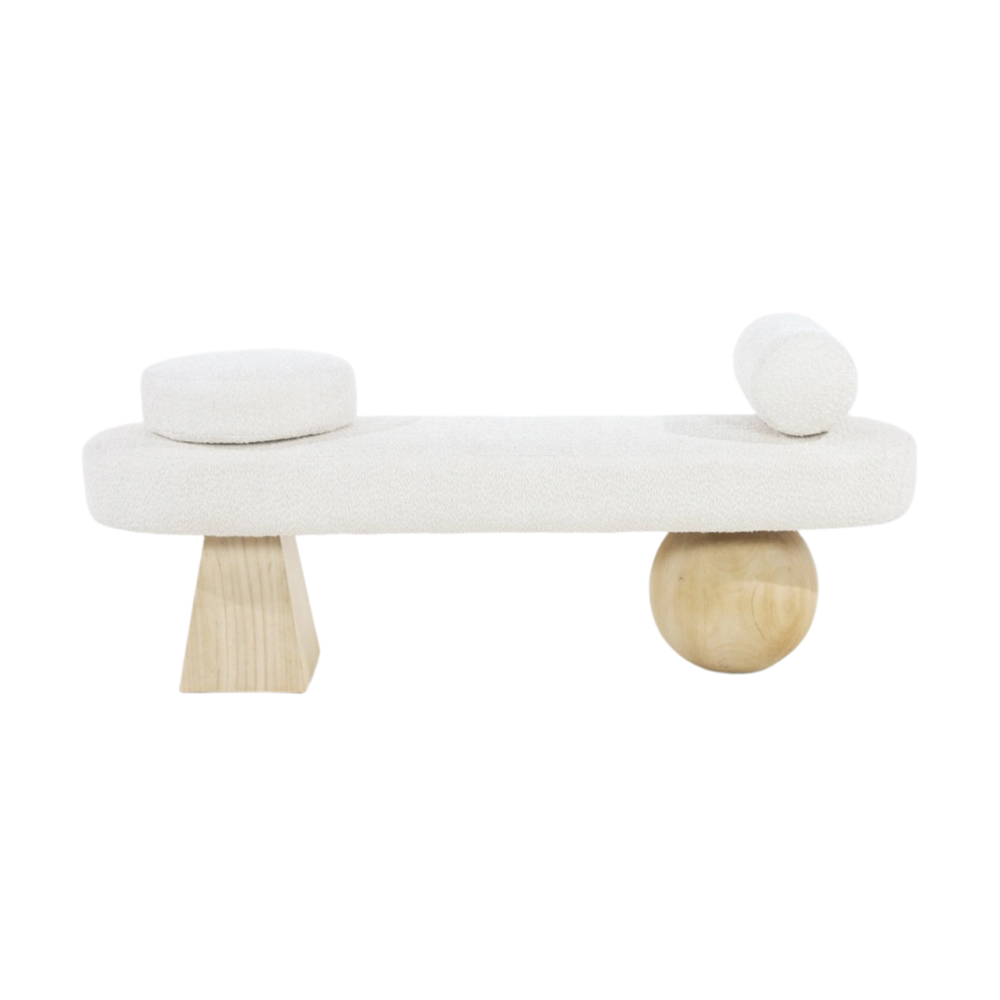 Off-white boucle upholstered 75-inch end-of-bed bench with asymmetrical natural wood legs — tapered block on the left and round ball leg on the right — topped with a round disc pillow and a cylindrical bolster.
