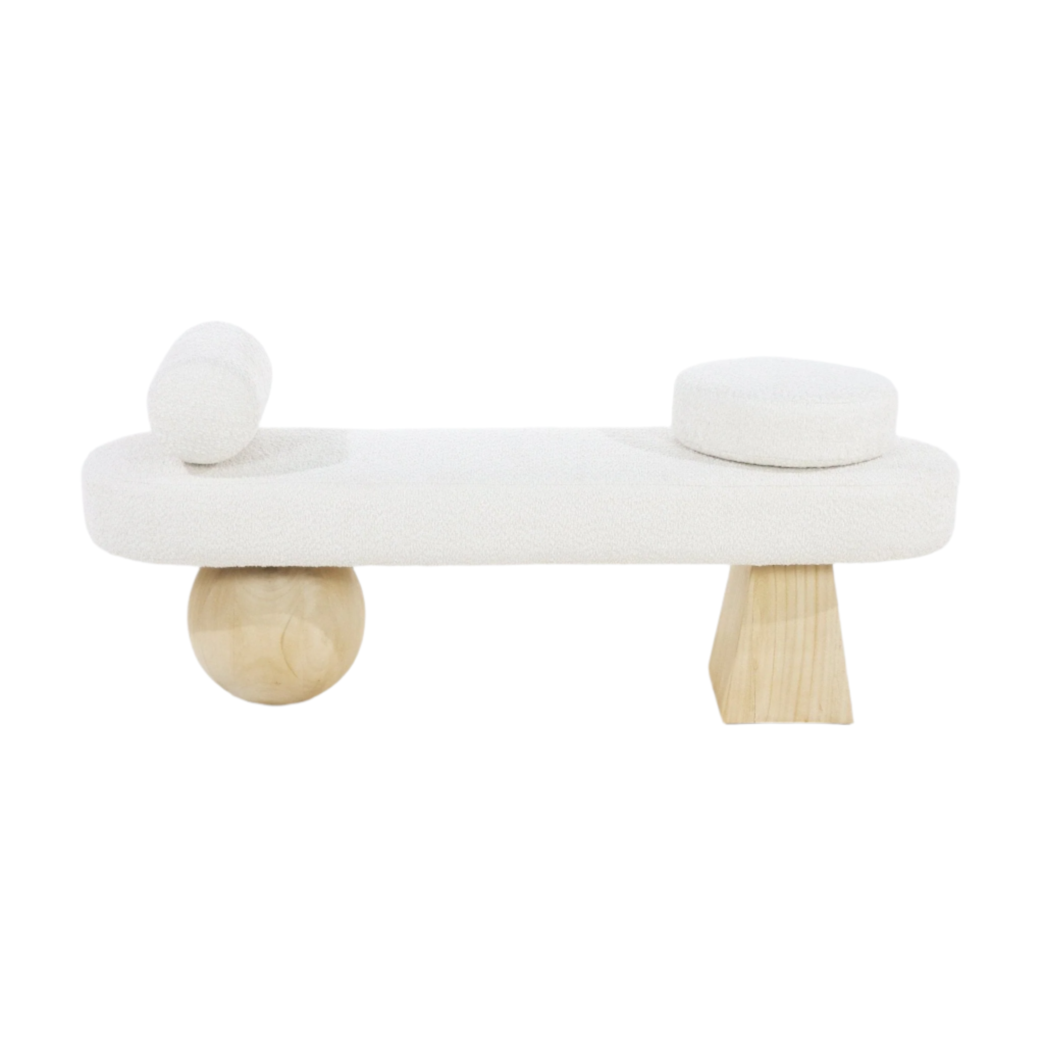 75-inch white boucle upholstered end-of-bed bench with a cylindrical bolster and round seat cushion, supported by contrasting natural wood legs — one spherical and one tapered block — in a modern coastal style.